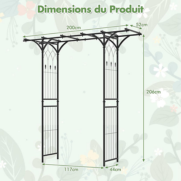 Arche de Jardin Fer 205 cm Arche de Jardin avec Treillis pour Plantes Grimpantes Vignes Roses Arche Décorative Extérieure