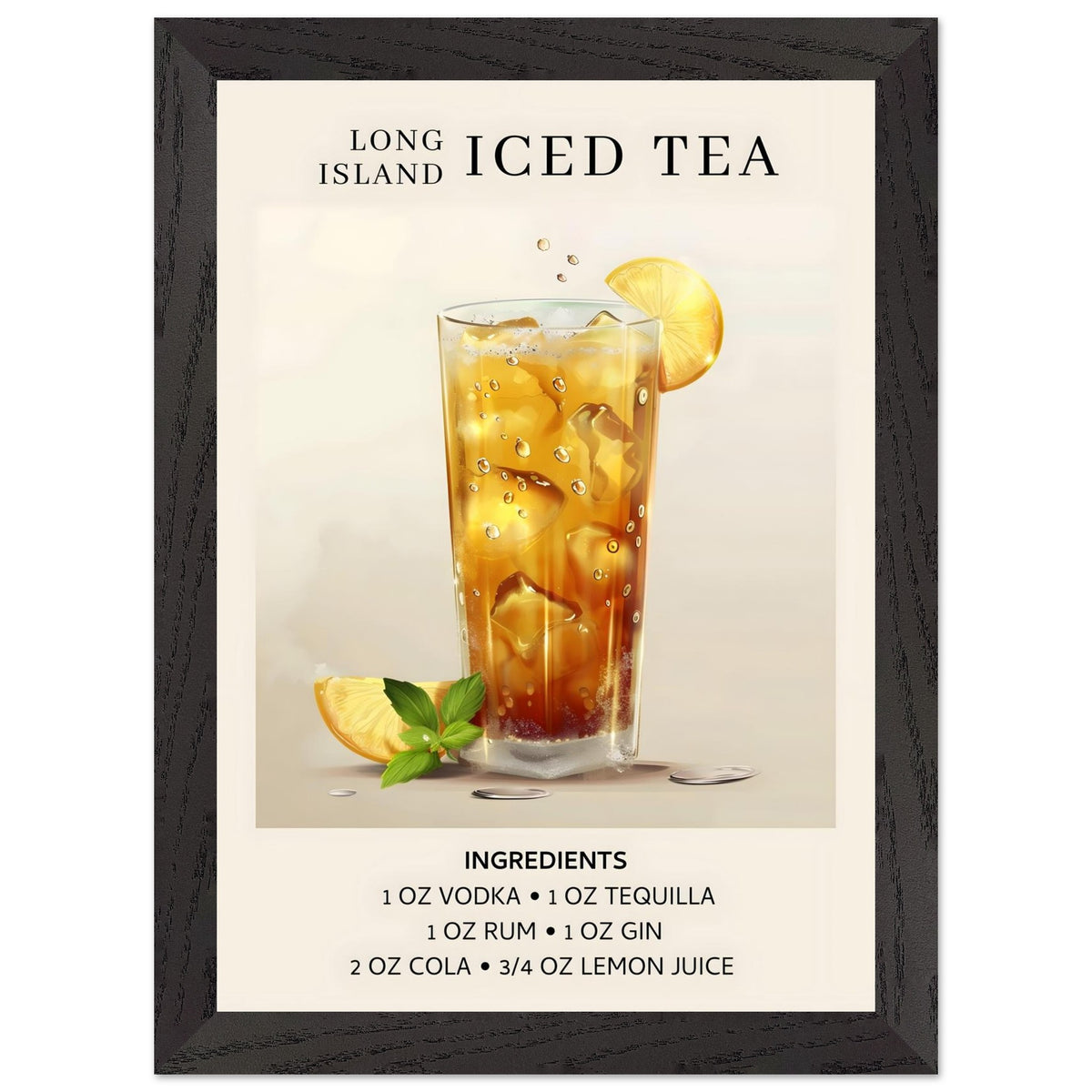 Artfulprints Poster met Lijst Long Island Iced Tea cocktail - Ingrediënten  - A4 21x29.7 cm - Grijs
