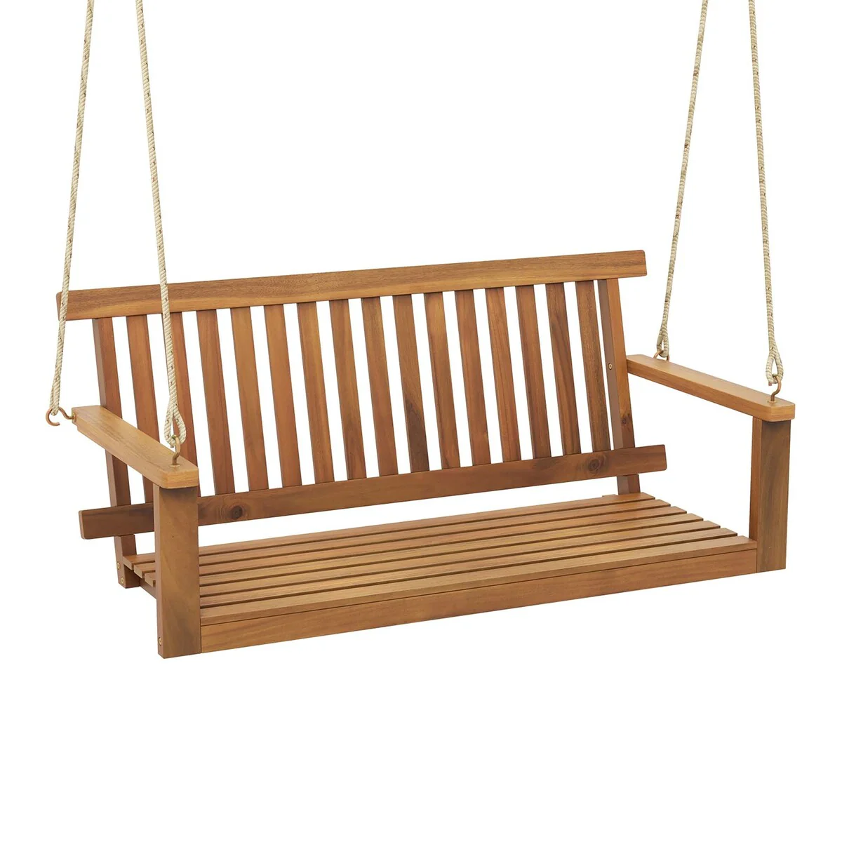 2-Seat Porch Swing Bench Acacia Wood Chair with 2 Hanging Hemp Ropes