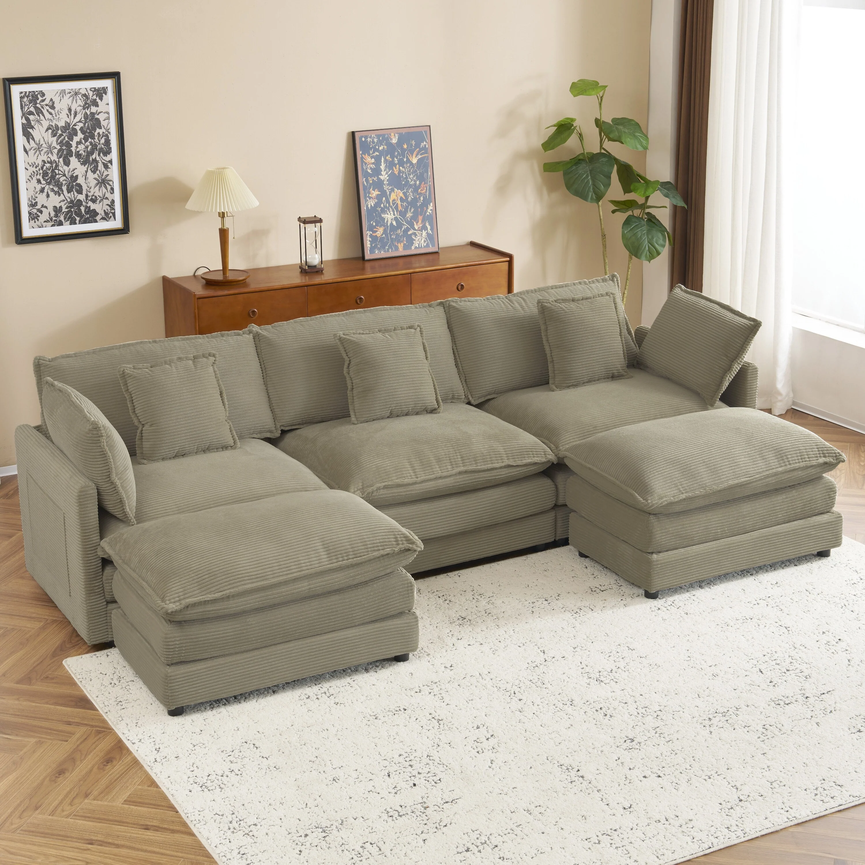 Contemporary Modular Sectional Sofa with Deep Seats and Movable Ottomans and Storage Pockets for Small Living Spaces