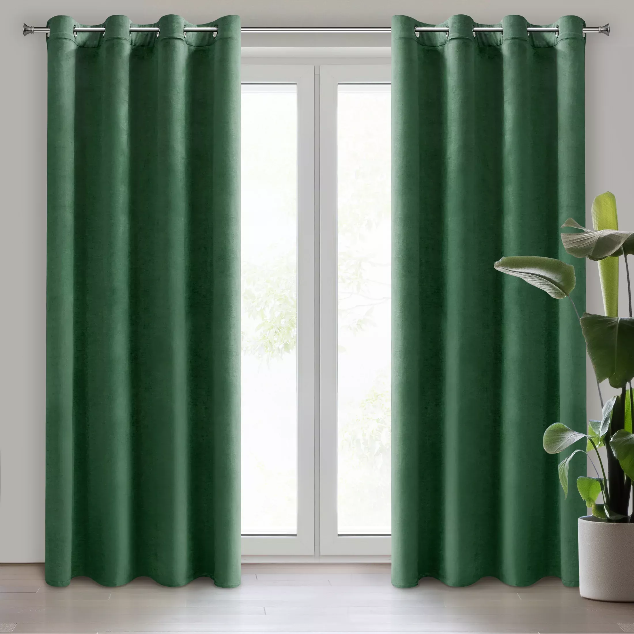 Komplet 2 szt. zasłon ciemnozielonych z welwetowej tkaniny 140x250 cm przelotki - DARLA