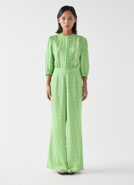 Naomi Petite Green & Italian Straw Viscose Swirl Print Crepe Jumpsuit