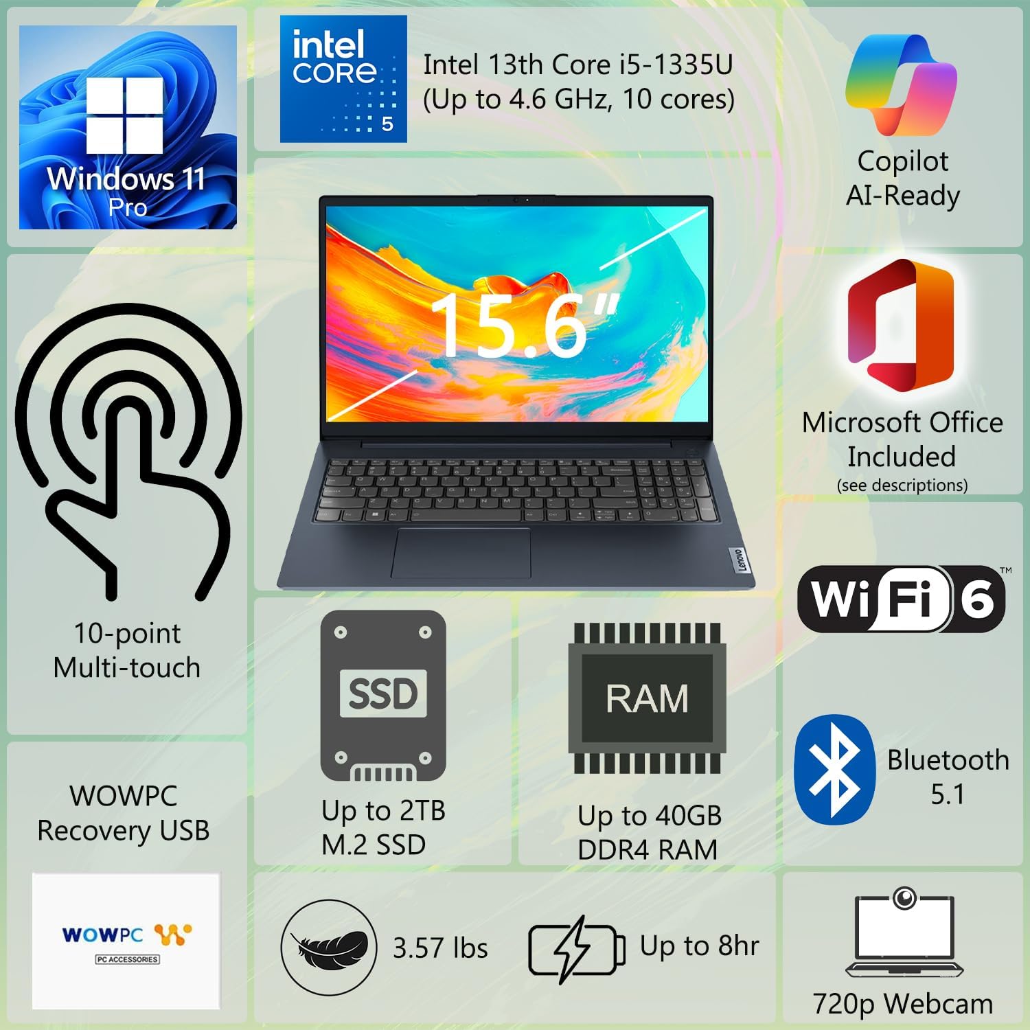 Lenovo IdeaPad Business Laptop  15.6 FHD Touchscreen Display  Intel 13th 10-Core i5 CPU (Up to 4.6 GHz)  16GB RAM  512B SSD  Copilot AI Ready  Wi-Fi 6  Windows 11 Pro with Microsoft Office  WOWPC USB