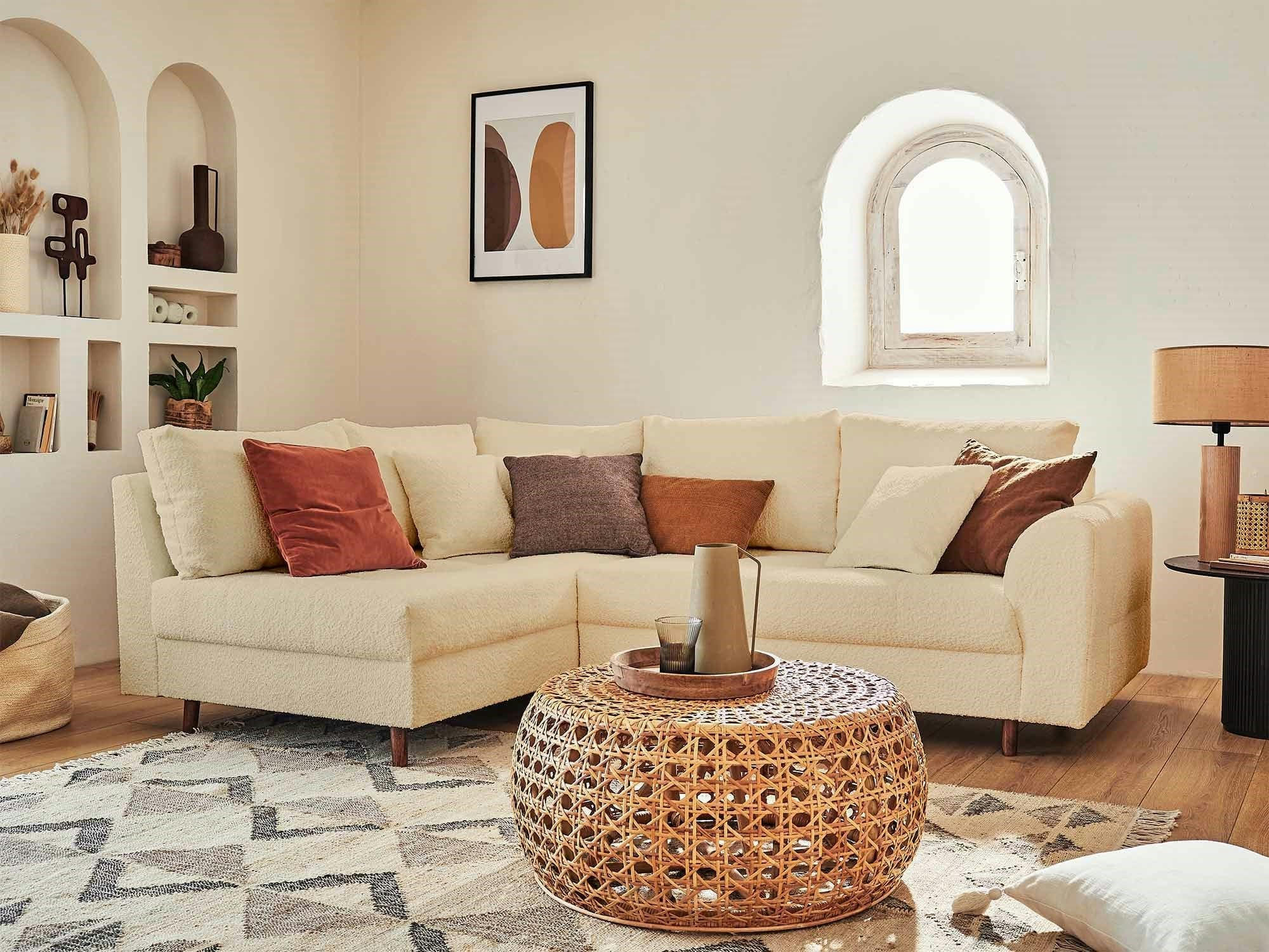 RUNE - Canapé d'angle gauche 4 places en tissu bouclette beige