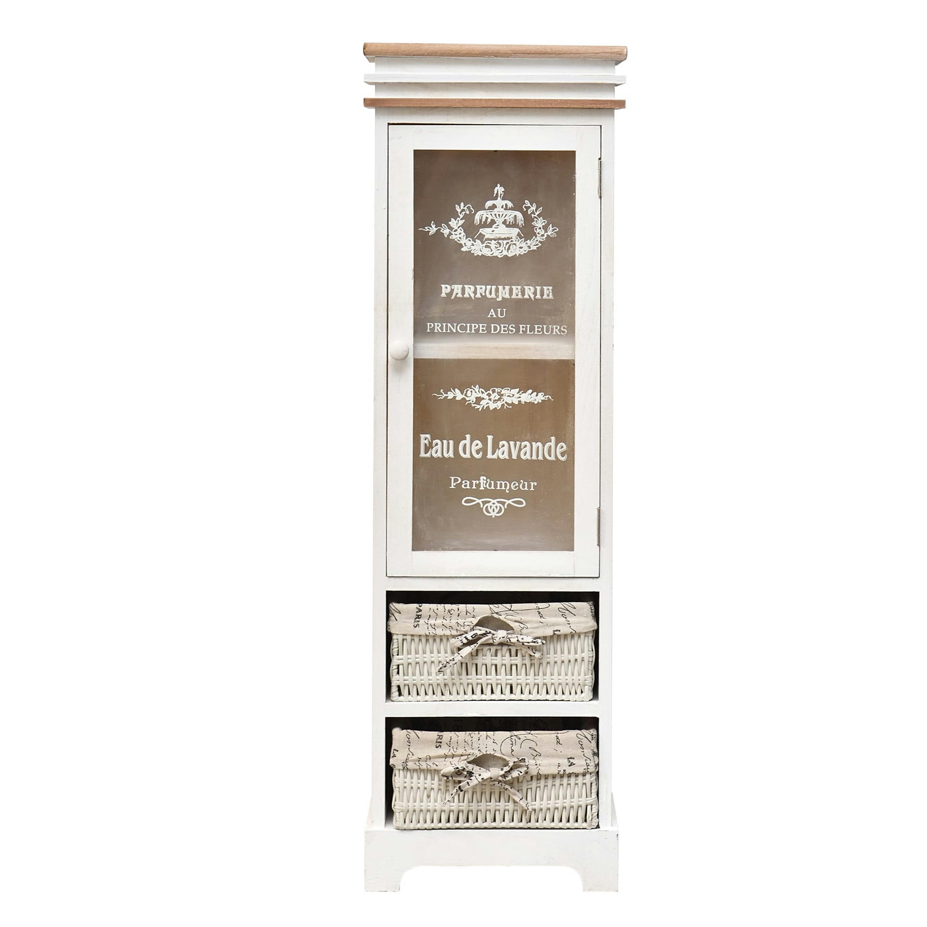 - Cabinet vitrine à 2 tiroirs et 1 porte en bois et osier blanc