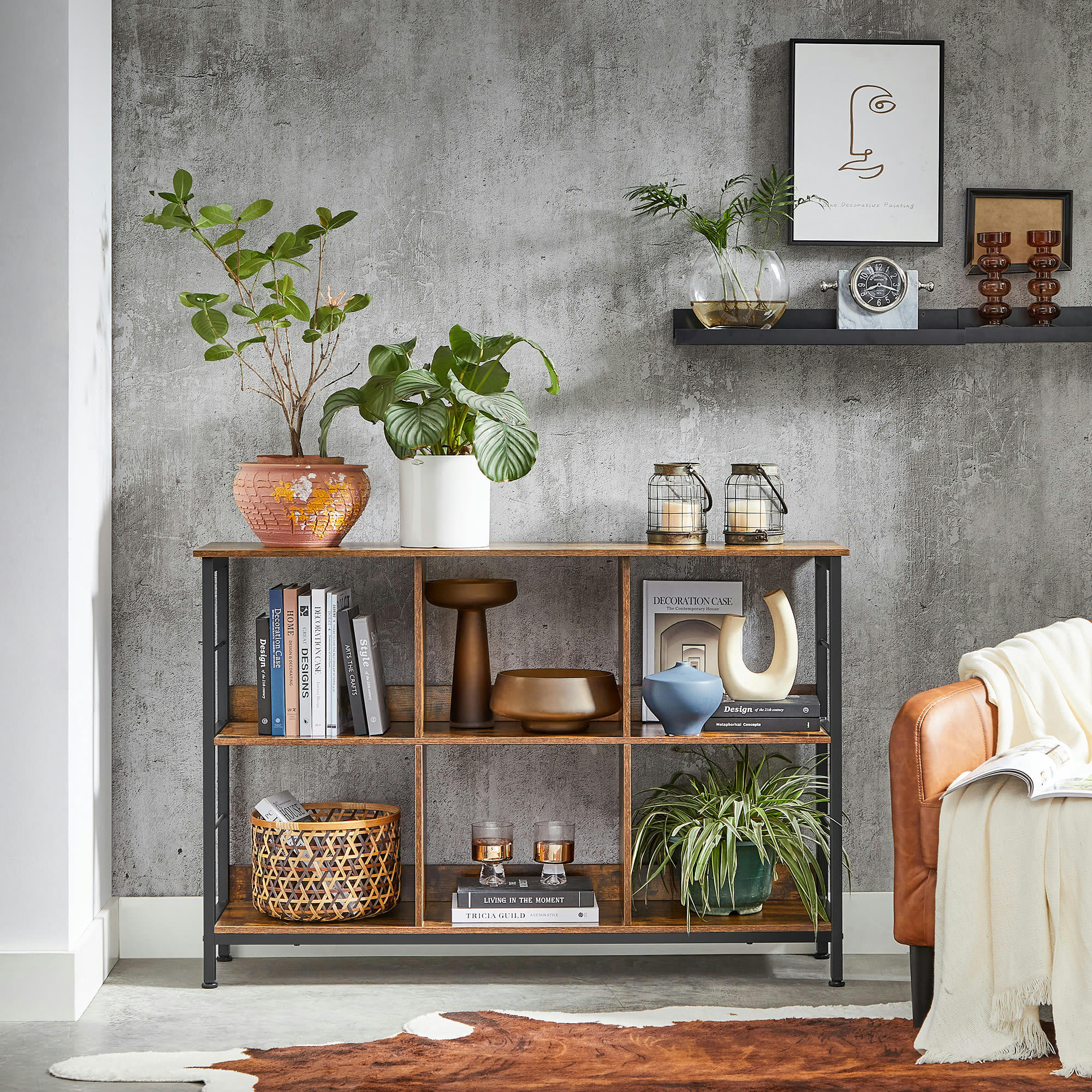 - Étagère style industriel 6 casiers acier effet bois noir