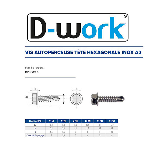 100 Vis Autoperceuses Tête Hexagonale 6.3 x 19 mm - DIN 7504 K - Inox A2 - D-Work