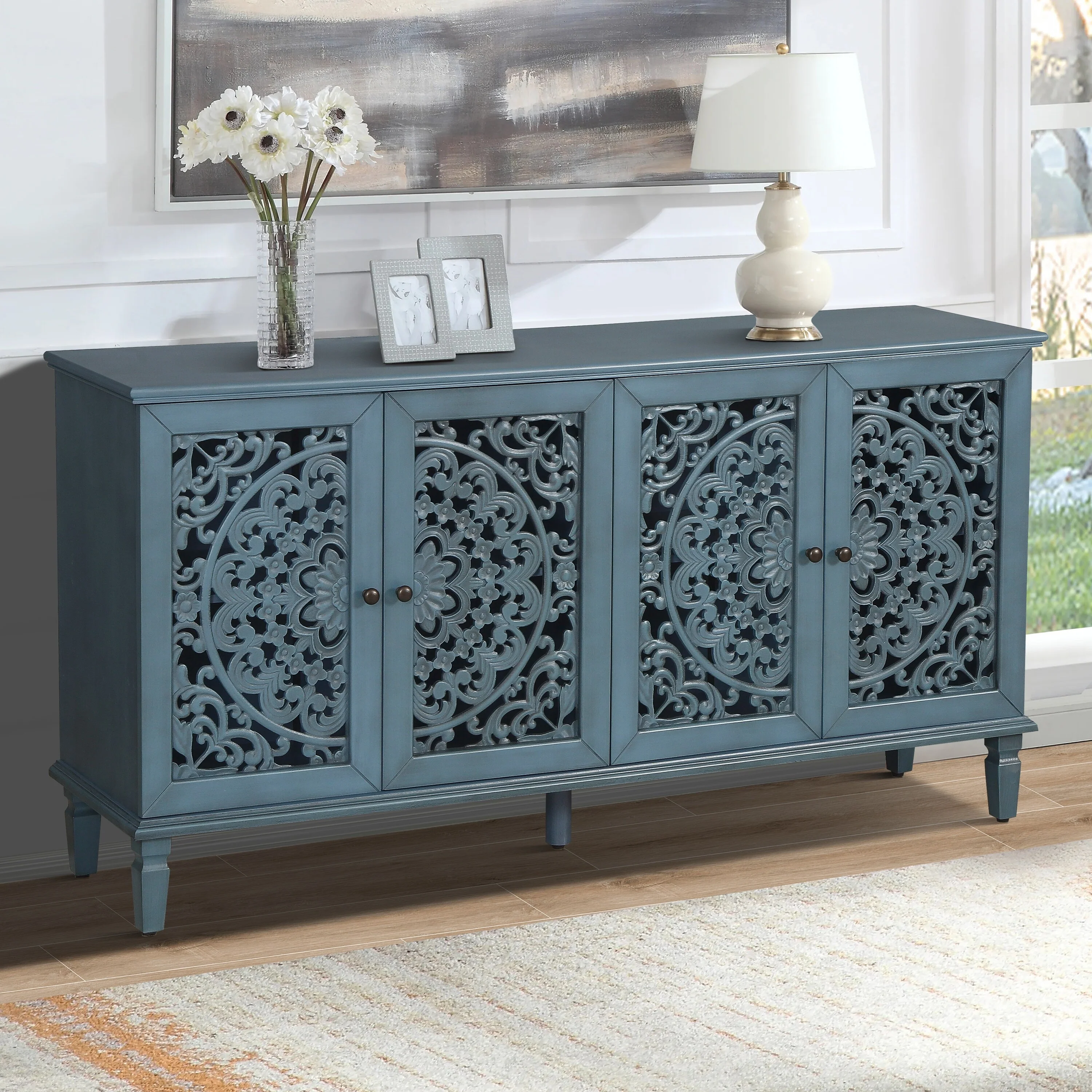 Floral Carvings with Solid Wood Legs&Antique Brass Handles&Adjustable Shelves, TV Stand for 65''+ TV, Sideboard