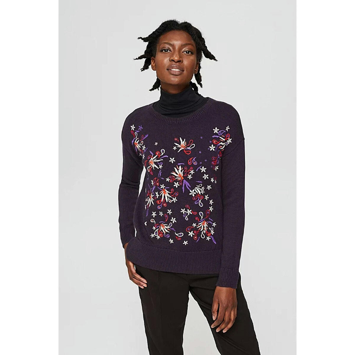 Pull en coton bio brodé, col rond