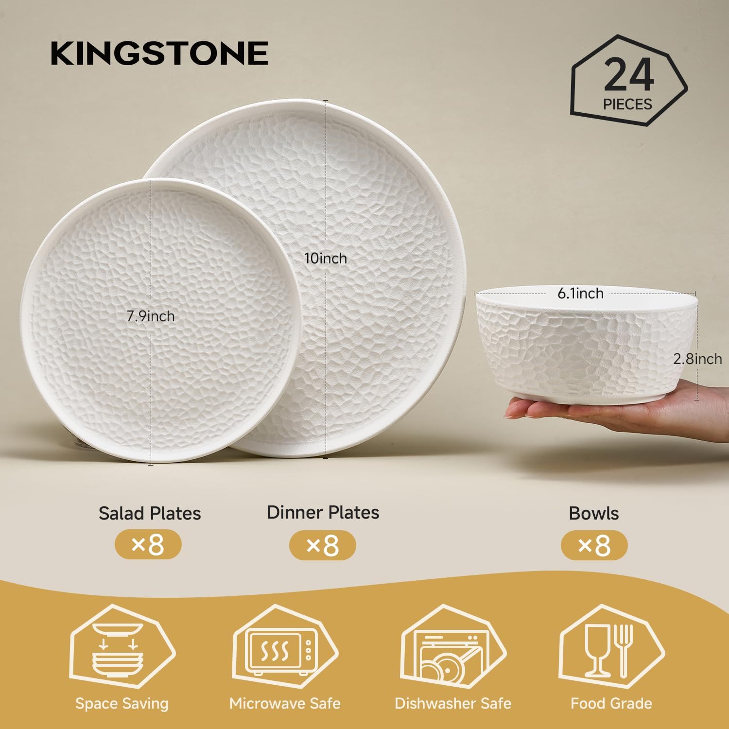 KINGSTONE Ceramic Dinnerware Set, 24-Piece Porcelain Plates and Bowls Set for 8, Matte Black or White, Hammered Texture, Microwave, Dishwasher & Oven Safe, Perfect for Home, Weddings & Gifts