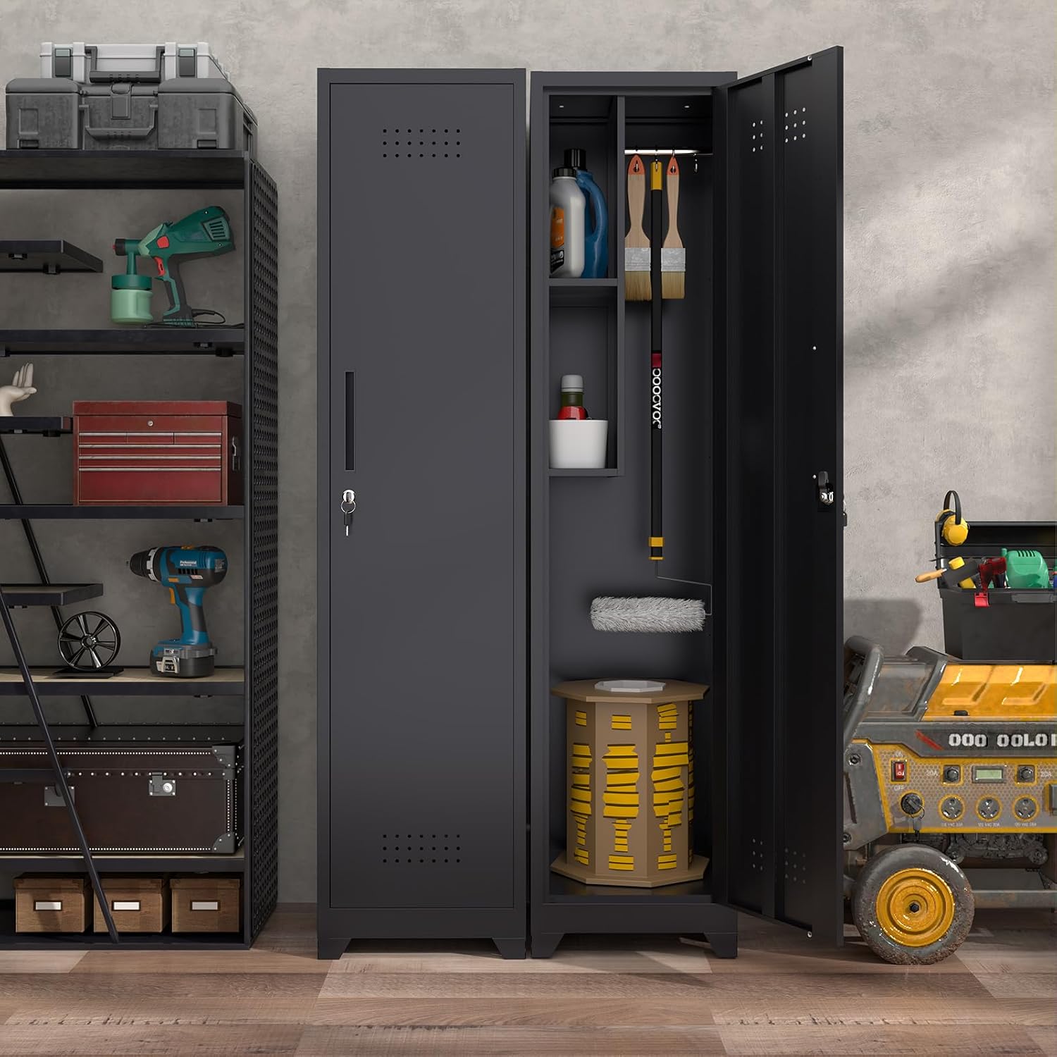 Metal Garage Storage Cabinet,Broom Closet Storage Cabinet,Utility Closet Cabinet for Garage,Office,Gym,Black