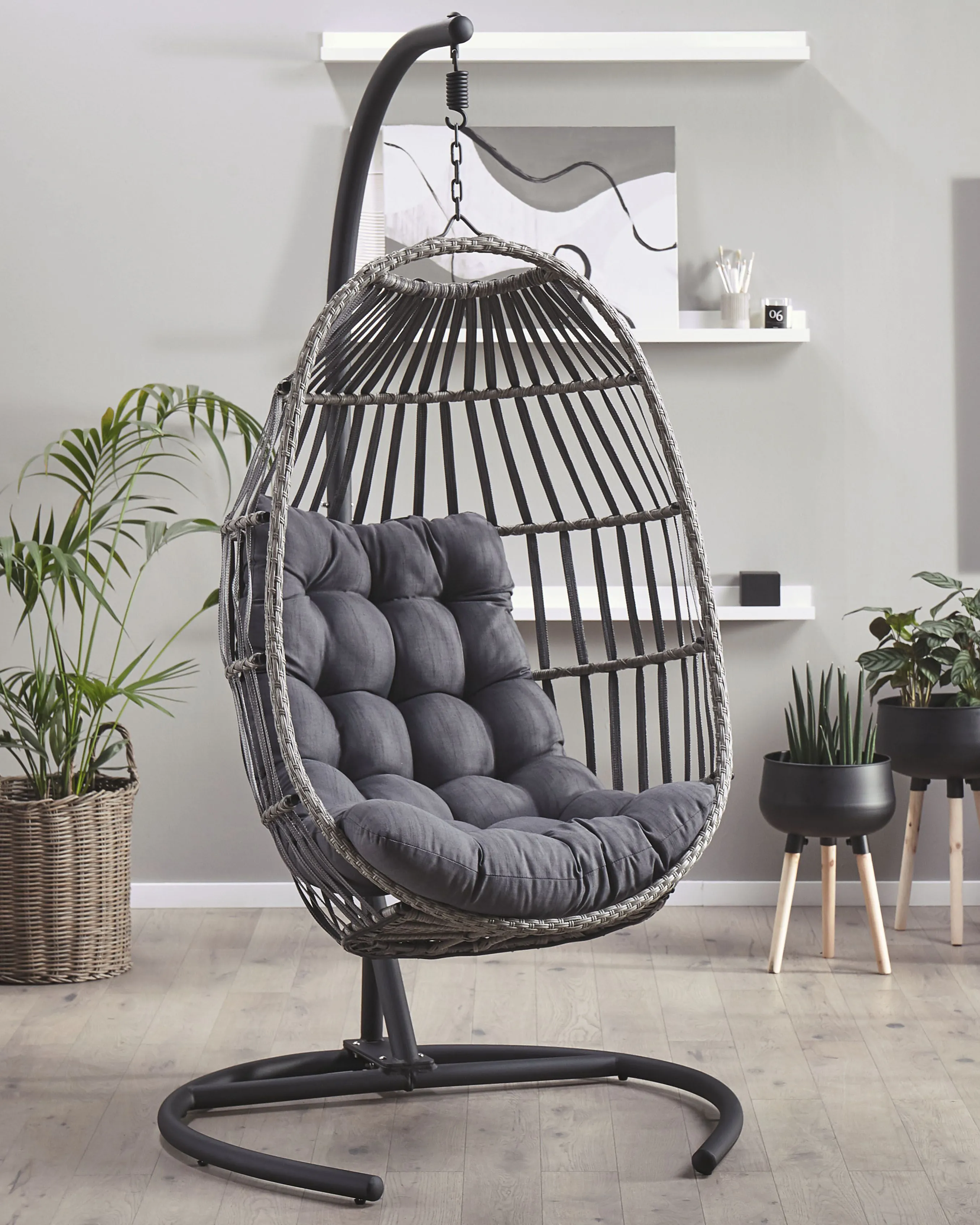 Hanging Chair with Stand SESIA PE Rattan Dark Grey