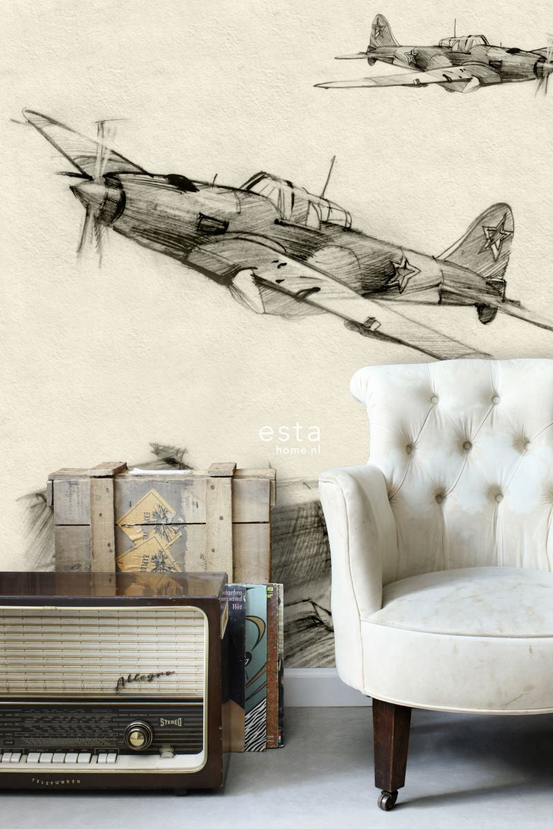 ESTAhome fotobehang getekende vliegtuigen beige en grijs - 186 x 279 cm - 158805