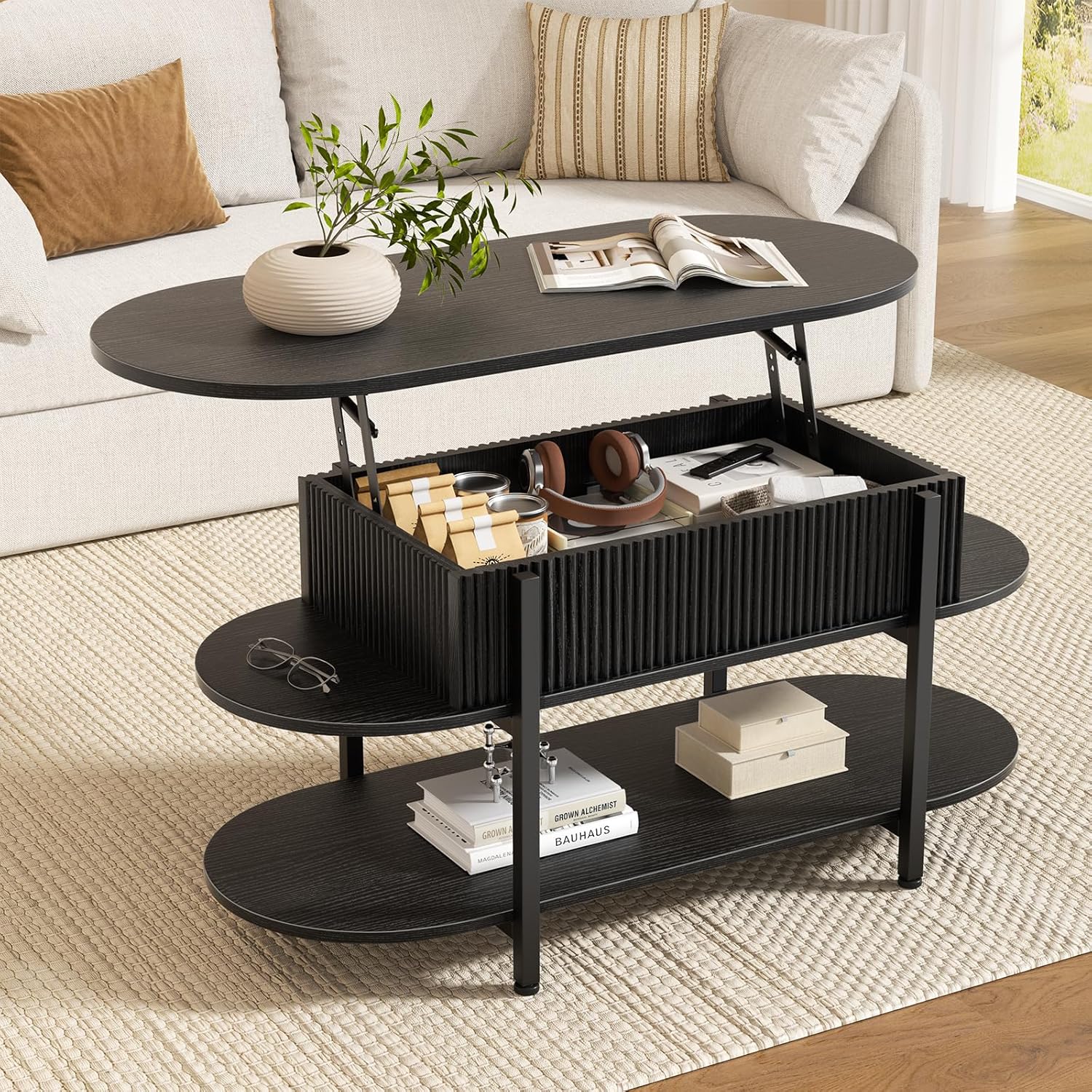 FABATO 41.7 Oval Lift Top Coffee Table, Fluted Wood Center Table with Hidden Storage, 3 Tier Small Tables with Curved Edge, Modern Narrow Coffee Table for Living Room Reception Room, Black