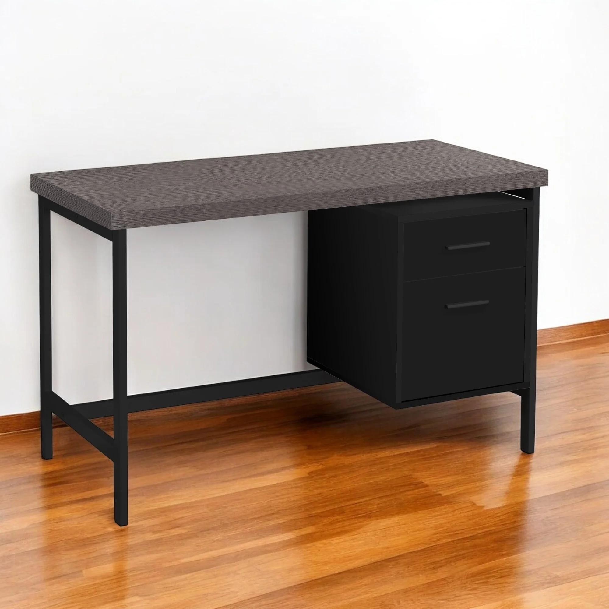 Grey Wood Computer Desk with 2 Drawers, Metal Base and Rectangular Design