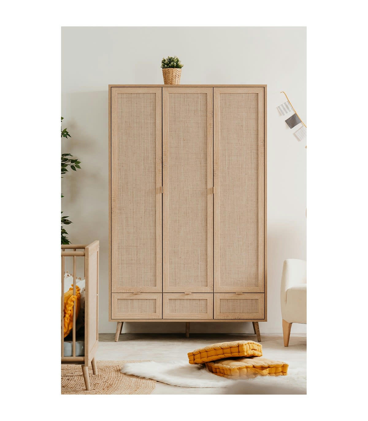 BALI - Armoire 3 Portes avec Penderies L120 cm - Impression effet rotin