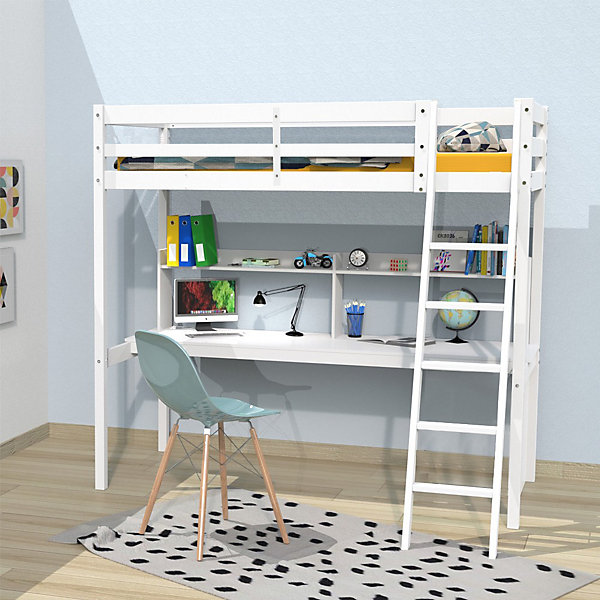 Lit Mezzanine 90x190cm blanc SALA avec Bureau et étagères incl. Sommier et échelle
