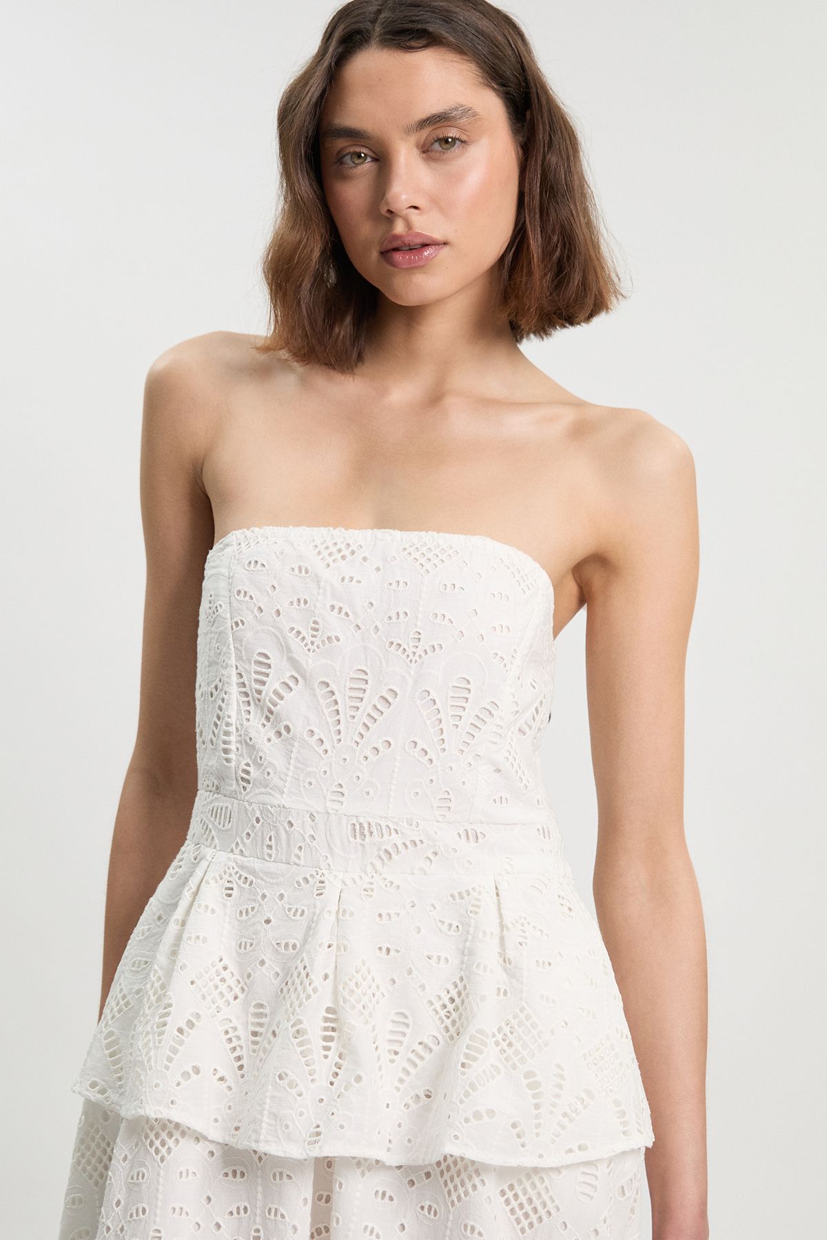 KarenMillen Petite Cotton Broderie Peplum Bandeau Midi Dress