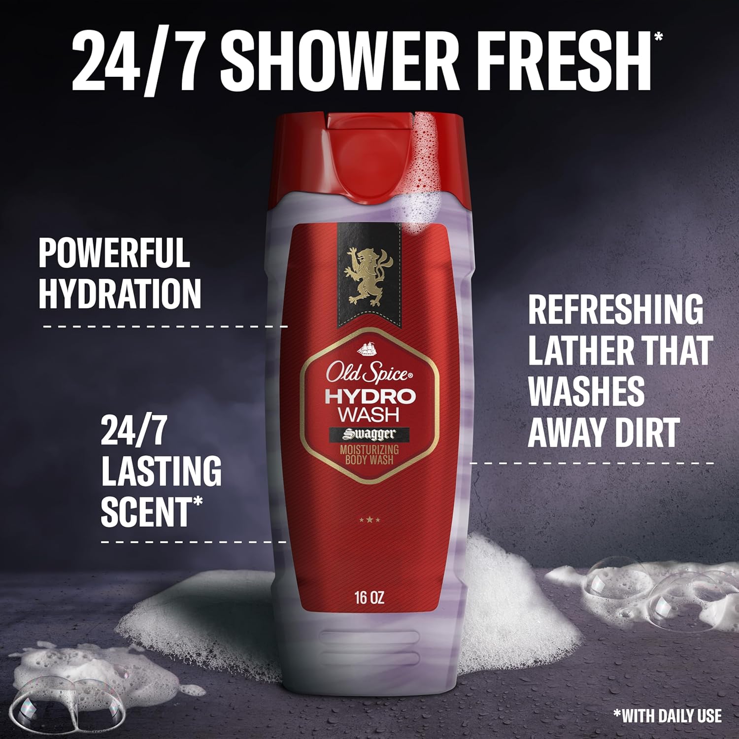 Old Spice Moisturizing Body Wash for Men, Hydro Wash, 2-in-1 Long Lasting Scent & Deep Hydration, 24/7 Shower Fresh, Smoother Swagger Scent, 16 oz (Pack of 4)