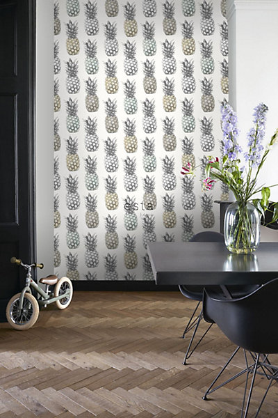 ESTAhome papier peint intissé XXL ananas beige, vert menthe et gris 50 x 900 cm