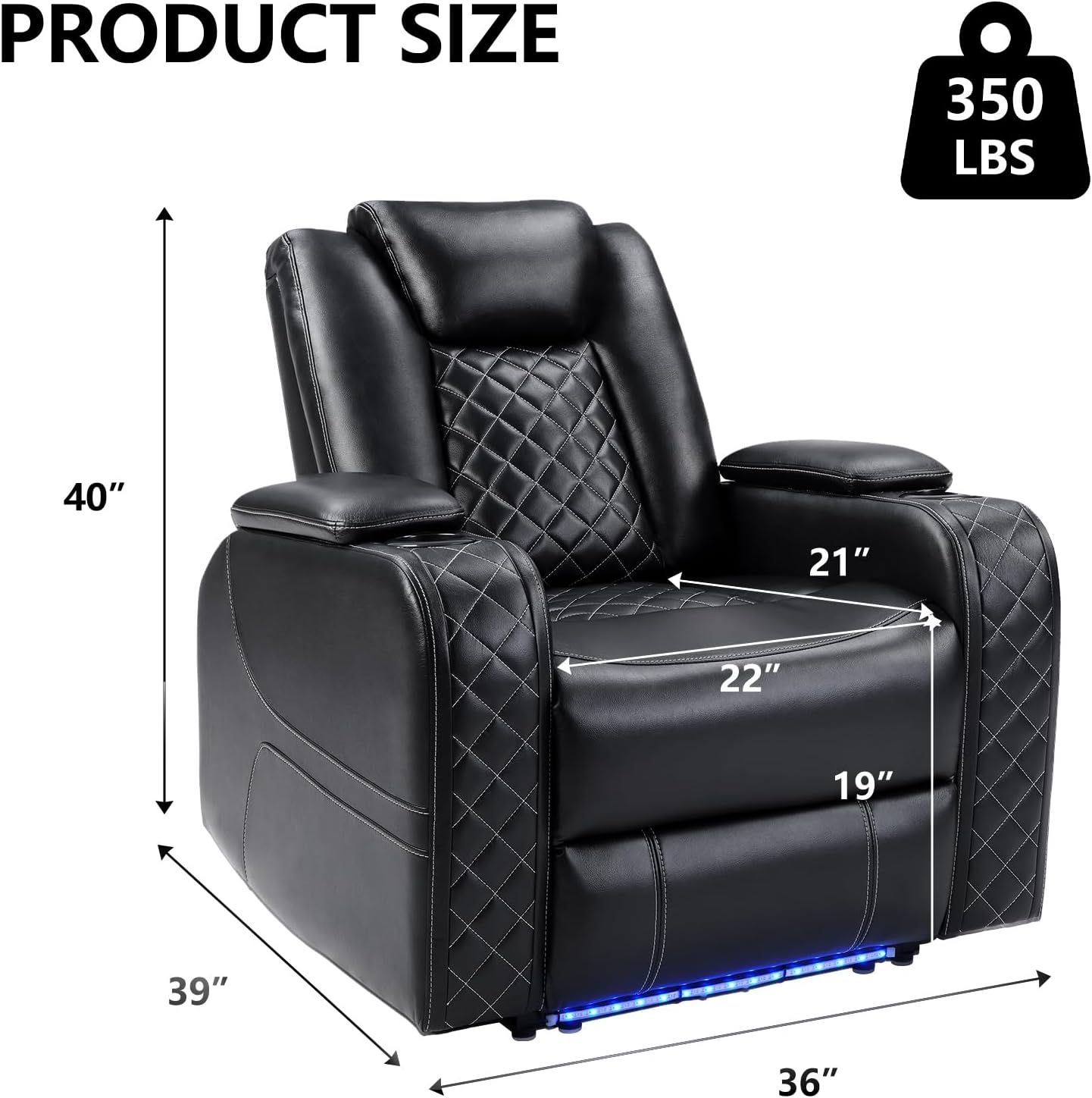 CANMOV Electric Power Recliner Chair with Adjustable Headrest,Breathable Faux Leather Home Theater Seating with Ambient Lighting,Cup Holders,Hidden Arm Storage,USB,Type-C Ports,Black