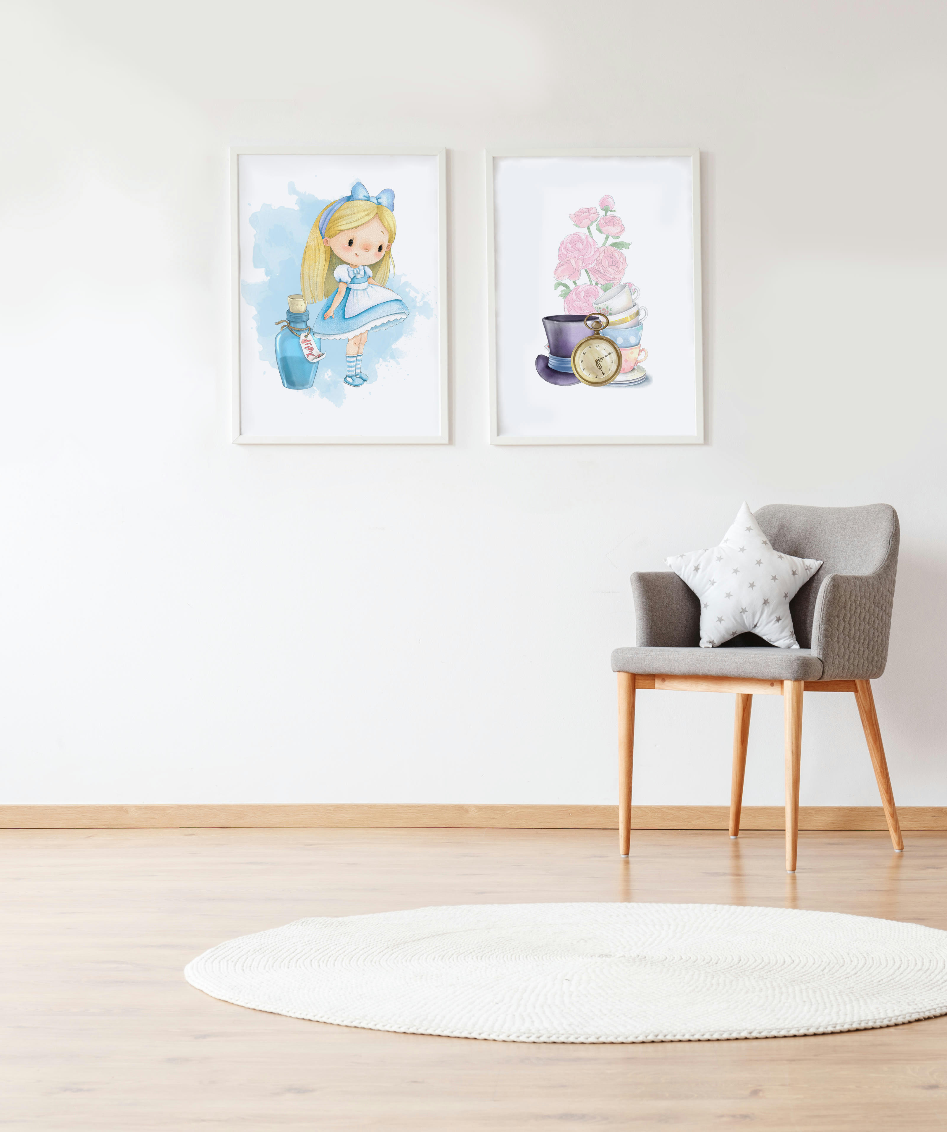 DECOWALL - Pack encadré bois blanc impression le Alice et fleurs 43X33 cm