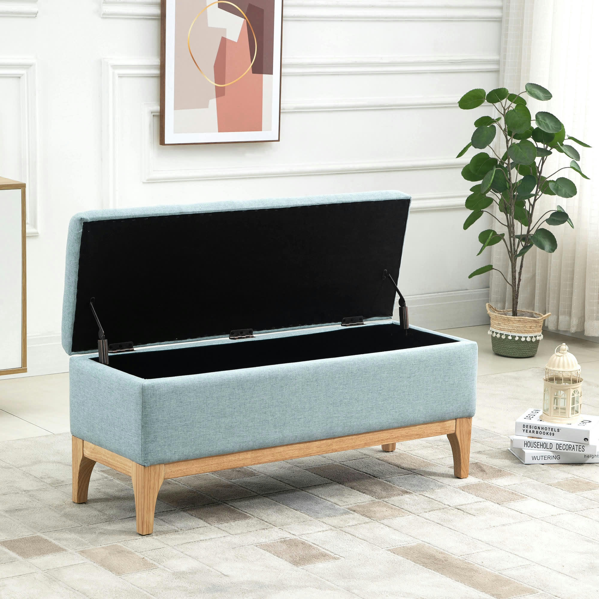 - Banquette coffre de rangement 2 en 1 style scandinave tissu vert d'eau
