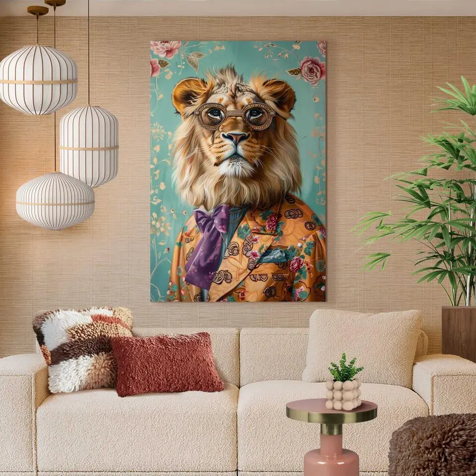 Glasschilderij Aangeklede leeuw - 116 x 78 - Bont