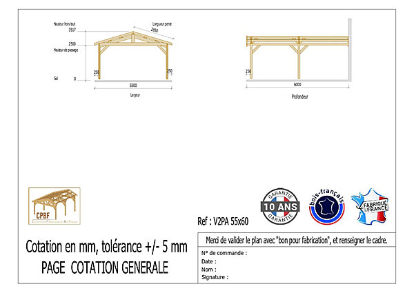 Carport adossé deux pentes 550cmx1150cm bois DOUGLAS Français (Charpente en bois-auvent-abri voiture) 64m². Garantie 10 ans