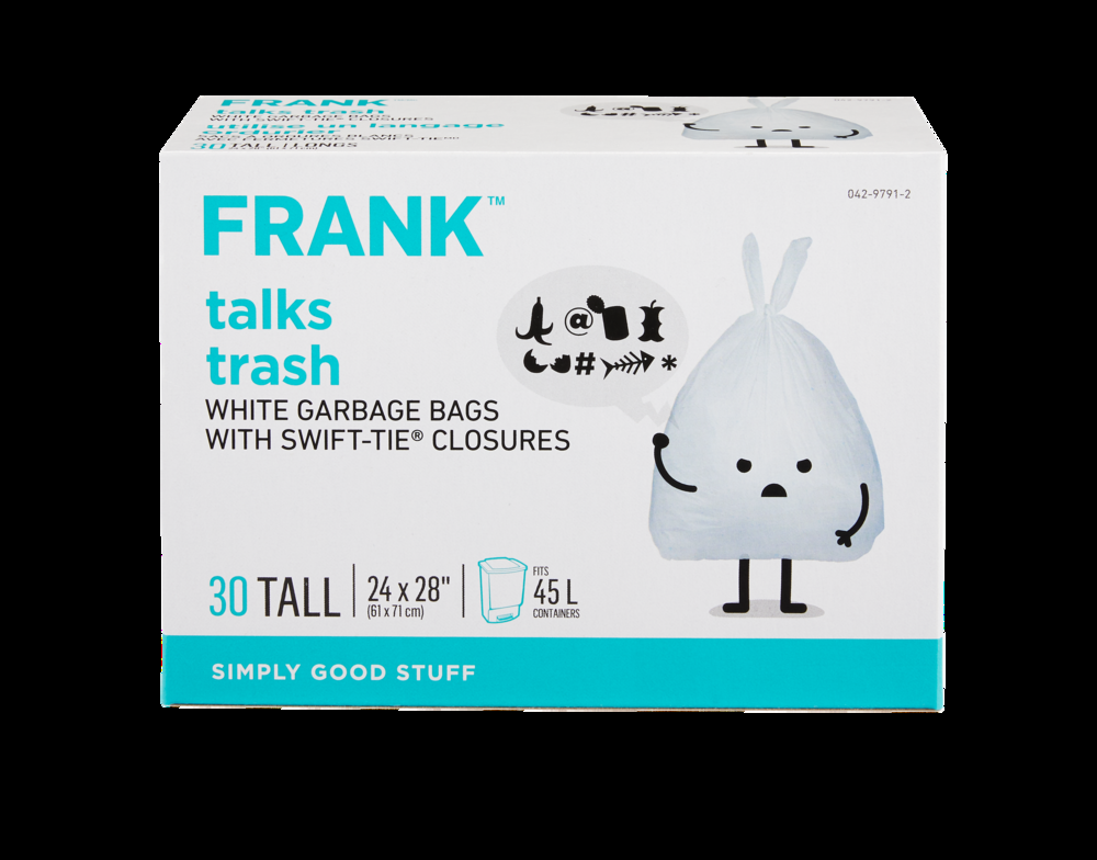 FRANK Tall Swift-Tie Unscented Garbage Bags, 30-pk, White, 45-L