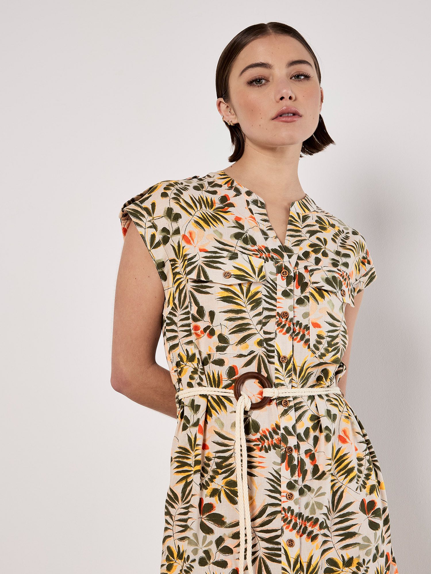 Apricot Belted Leaf Print Midi Shirt Dress