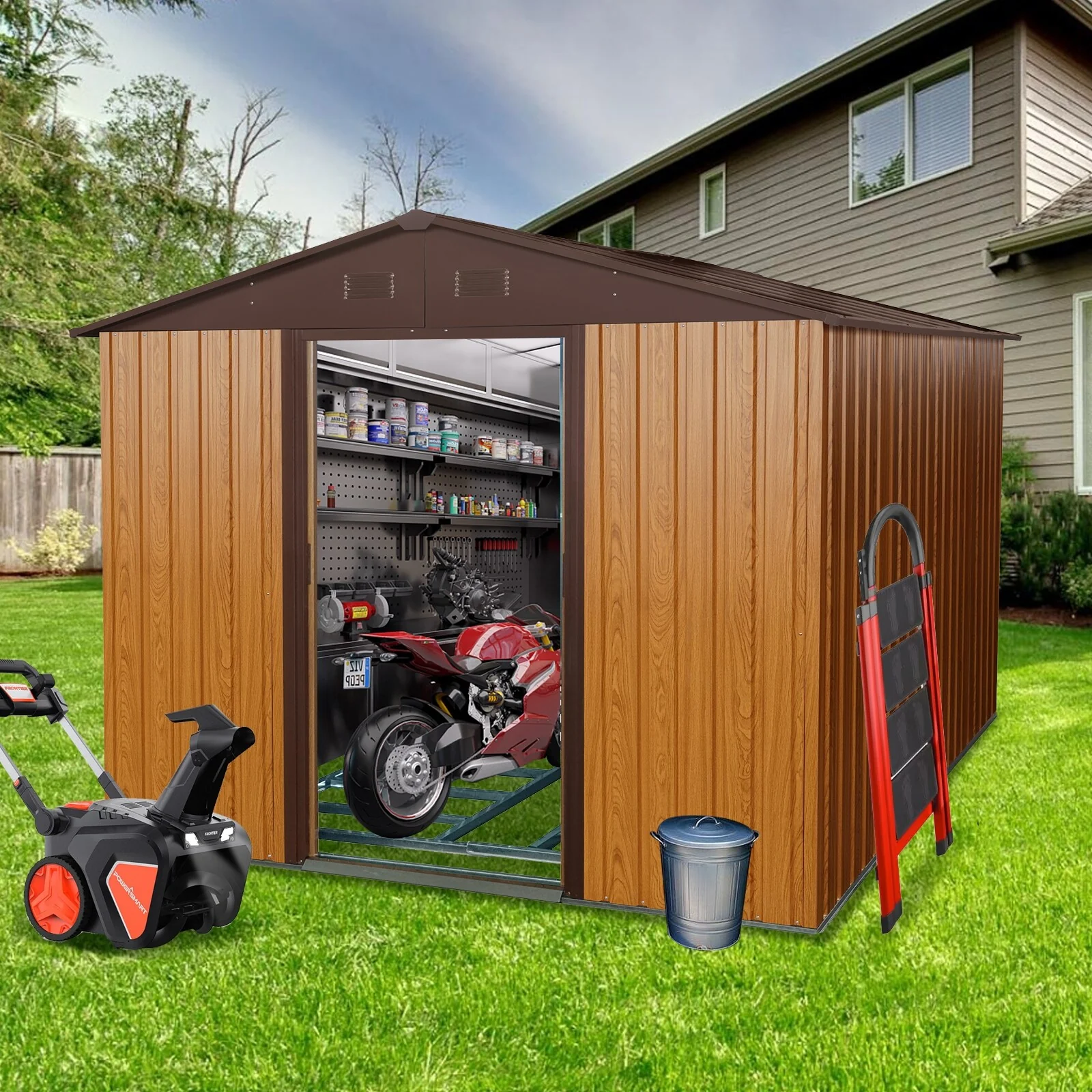 Rust-resistant Metal Storage Shed with Sliding Doors and Padlock, Waterproof Garden Shed Tool Shed Pet Shed