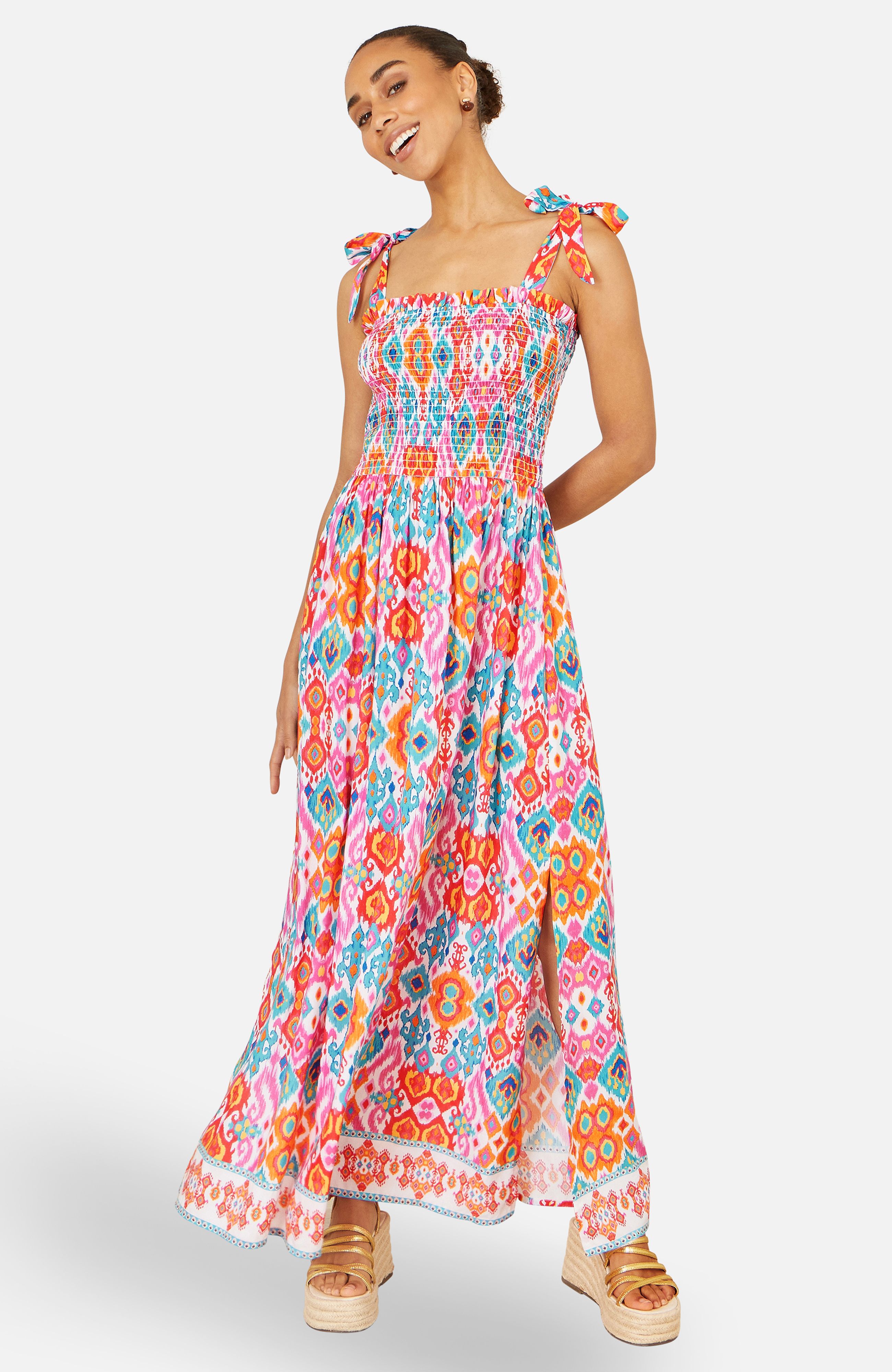 Yumi Multicolour Ikat Print Maxi Viscose Sun Dress