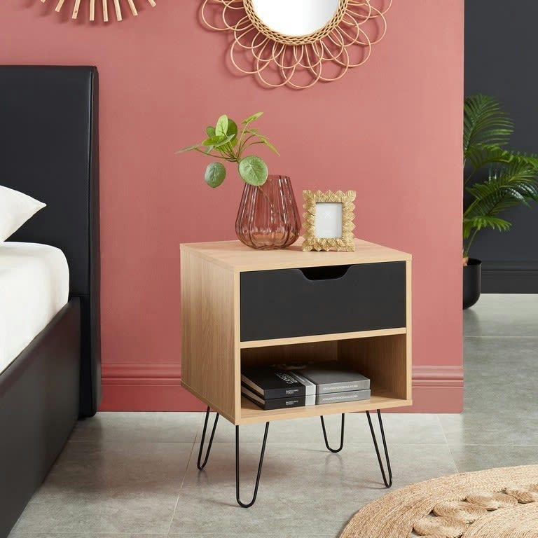 DUO - Lot de 2 tables de chevet   noir et effet chêne  1 tiroir