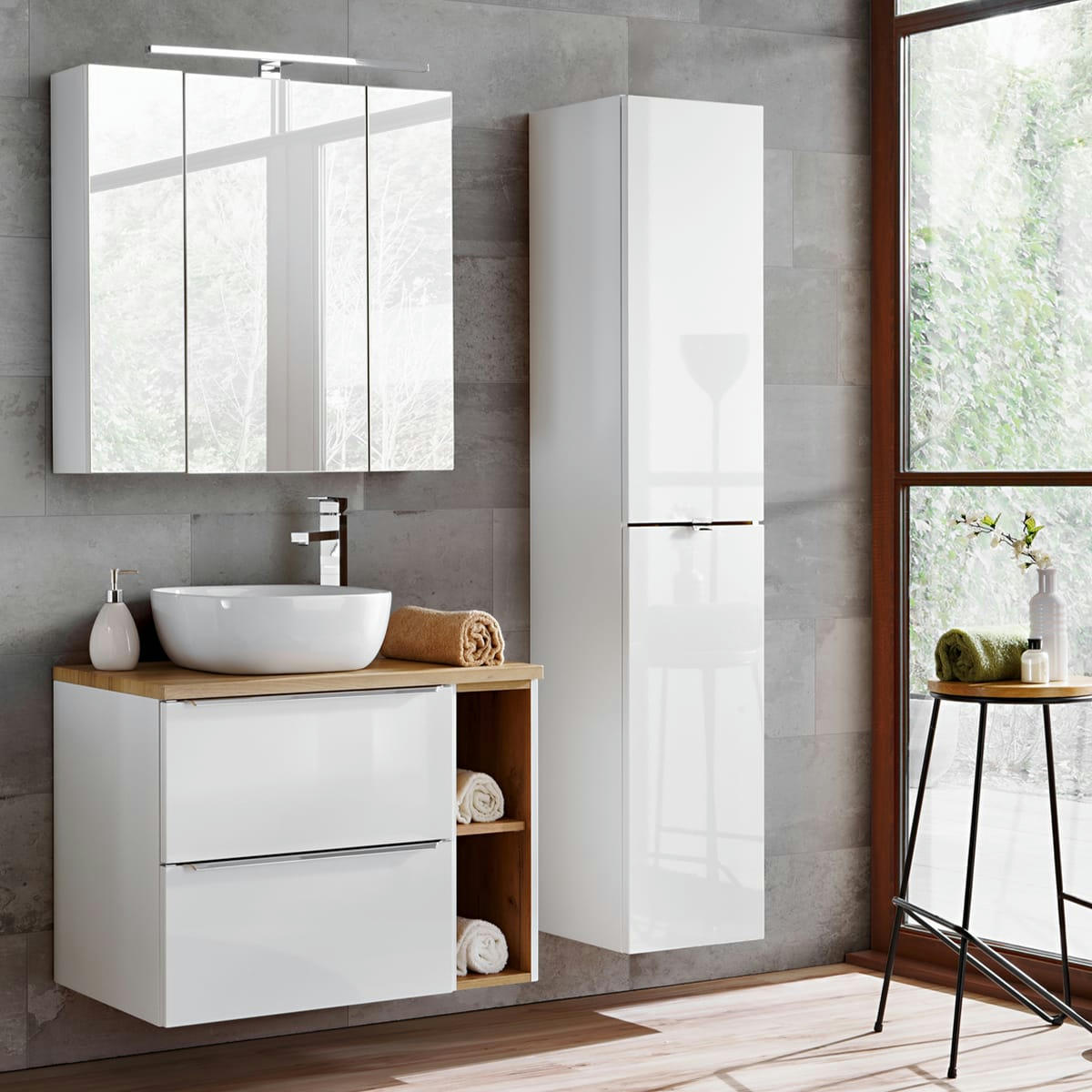 - Ensemble meuble simple vasque 80cm et colonne stratifiés blanc