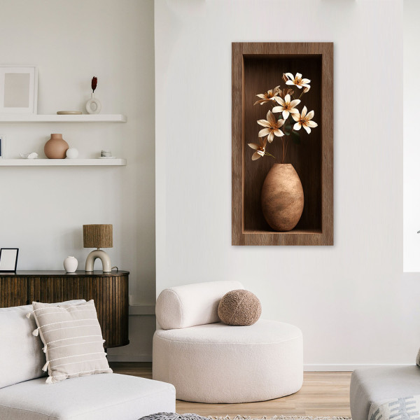 Obraz do salonu przedpokoju, Kwiaty w brązowej drewnianej wnęce 3d 40x80