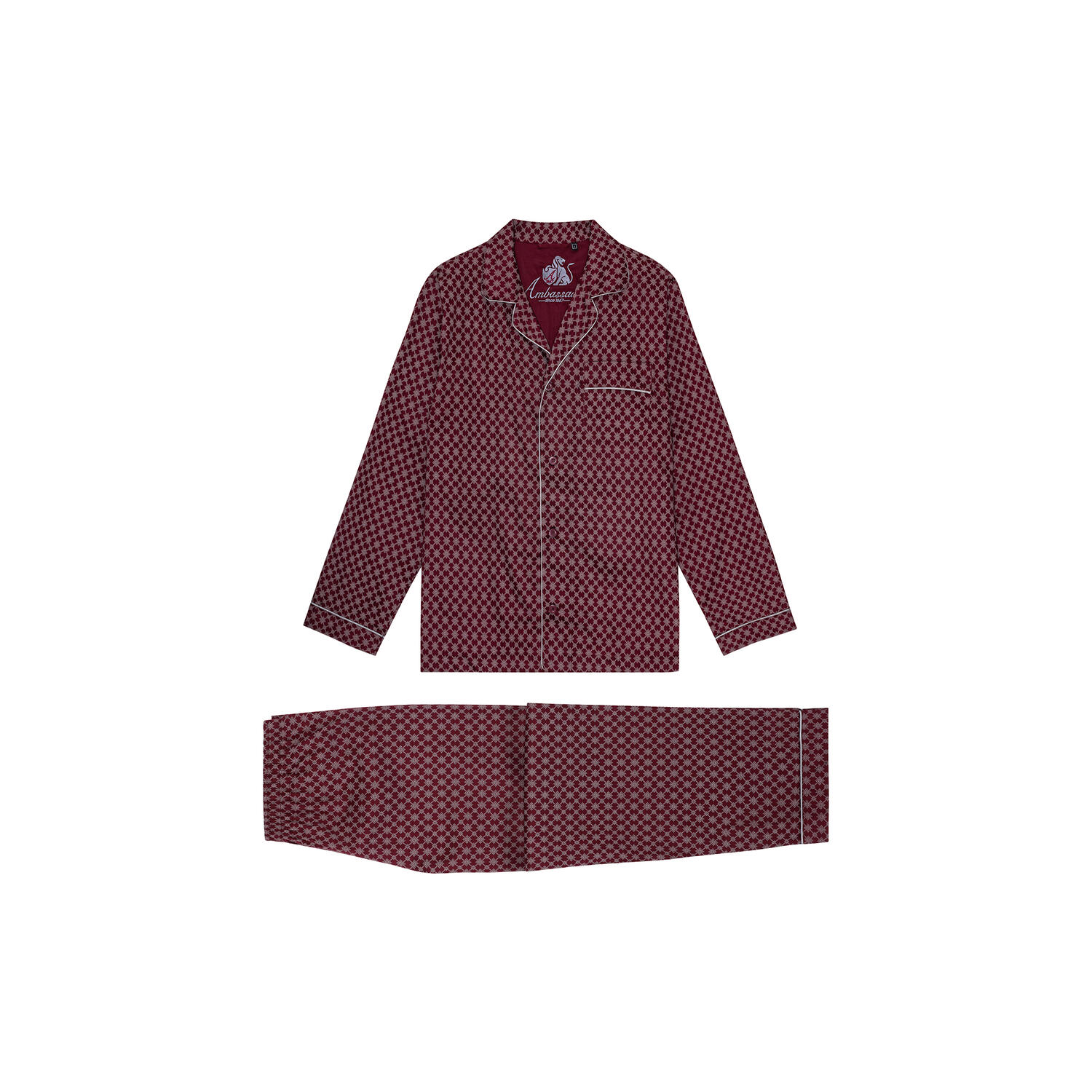 Megeve Pyjamas, bordeaux off white print/grey piping