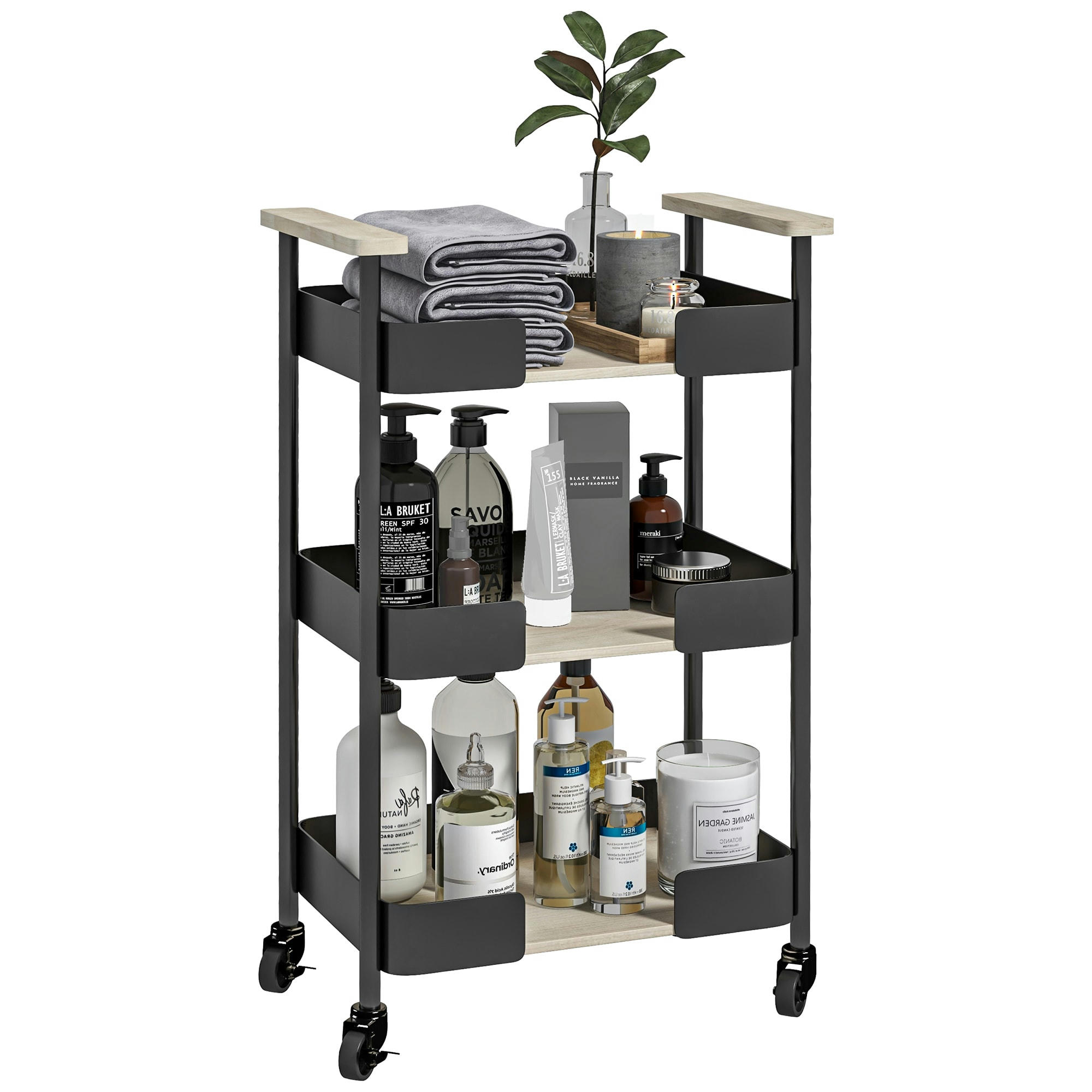 - Desserte de cuisine industrielle 3 étagères poignée bois acier noir