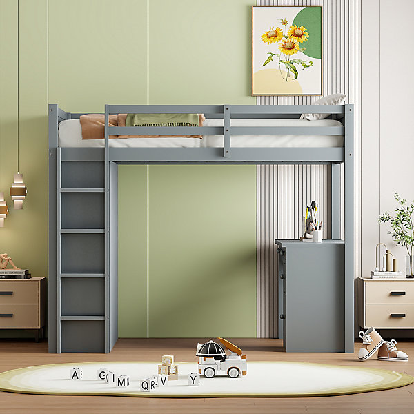 Lit superposé 90x200 cm avec bureau intégré et armoire modulable, structure en bois massif gris