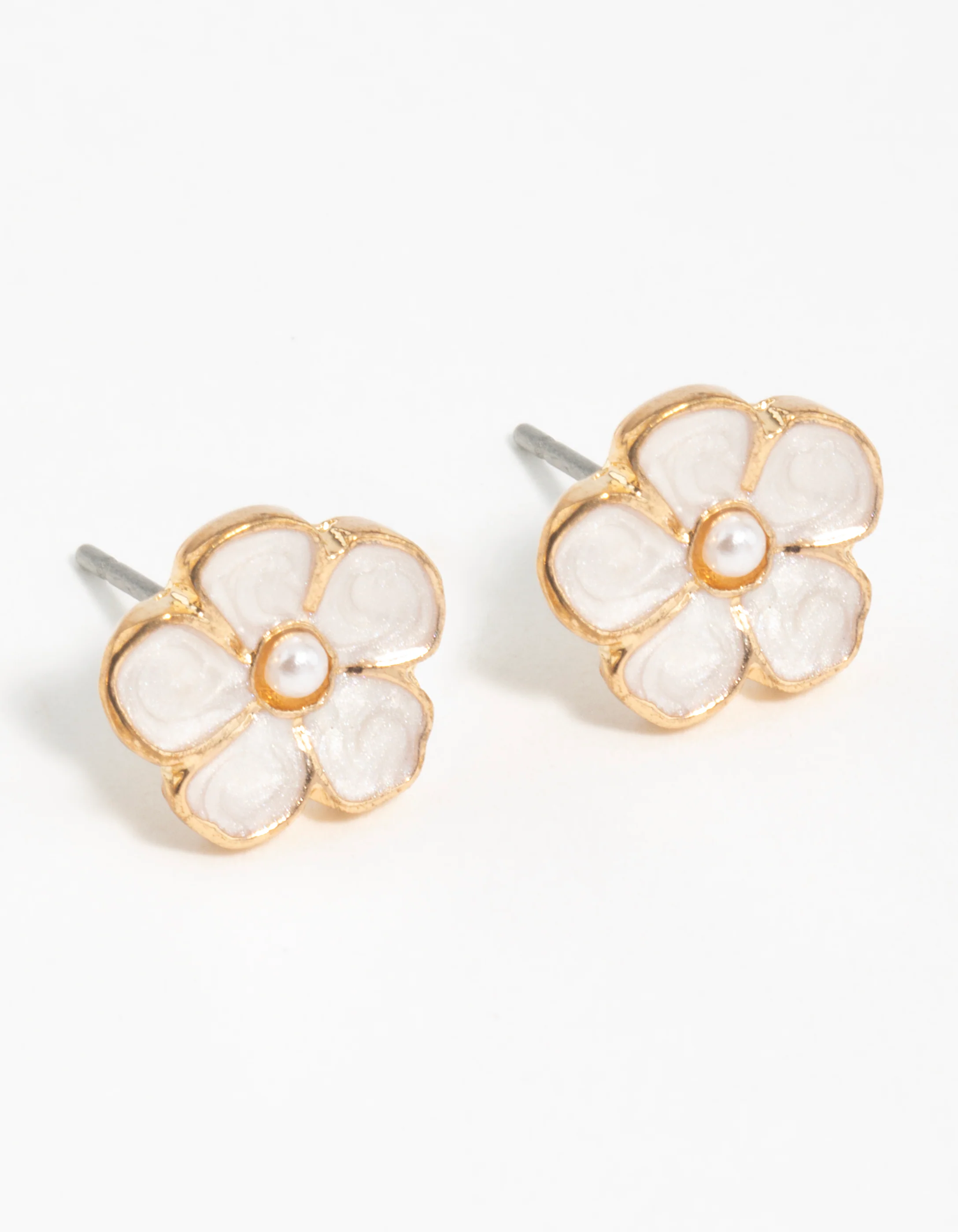 Gold Pearl Center Flower Stud Earrings