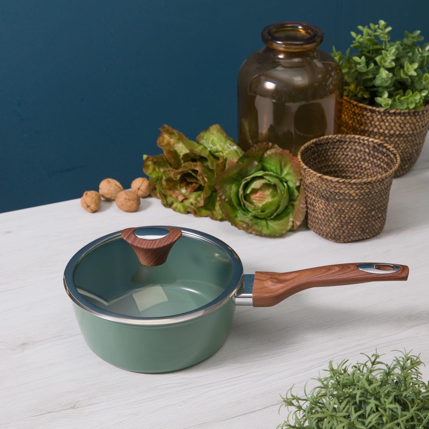 Casseruola un manico 20 cm con coperchio verde New Ceramic