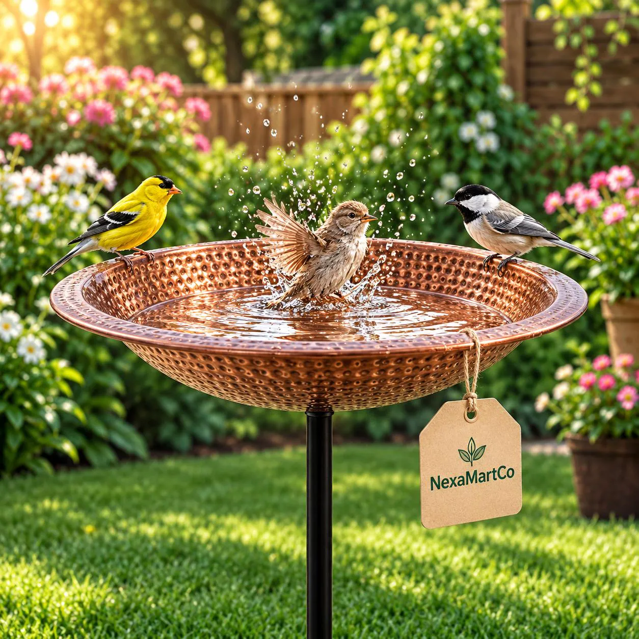 Hammered Copper Bird Bath with Stake, Rustic Outdoor Garden Decor, Freestanding Bird Feeder Bowl