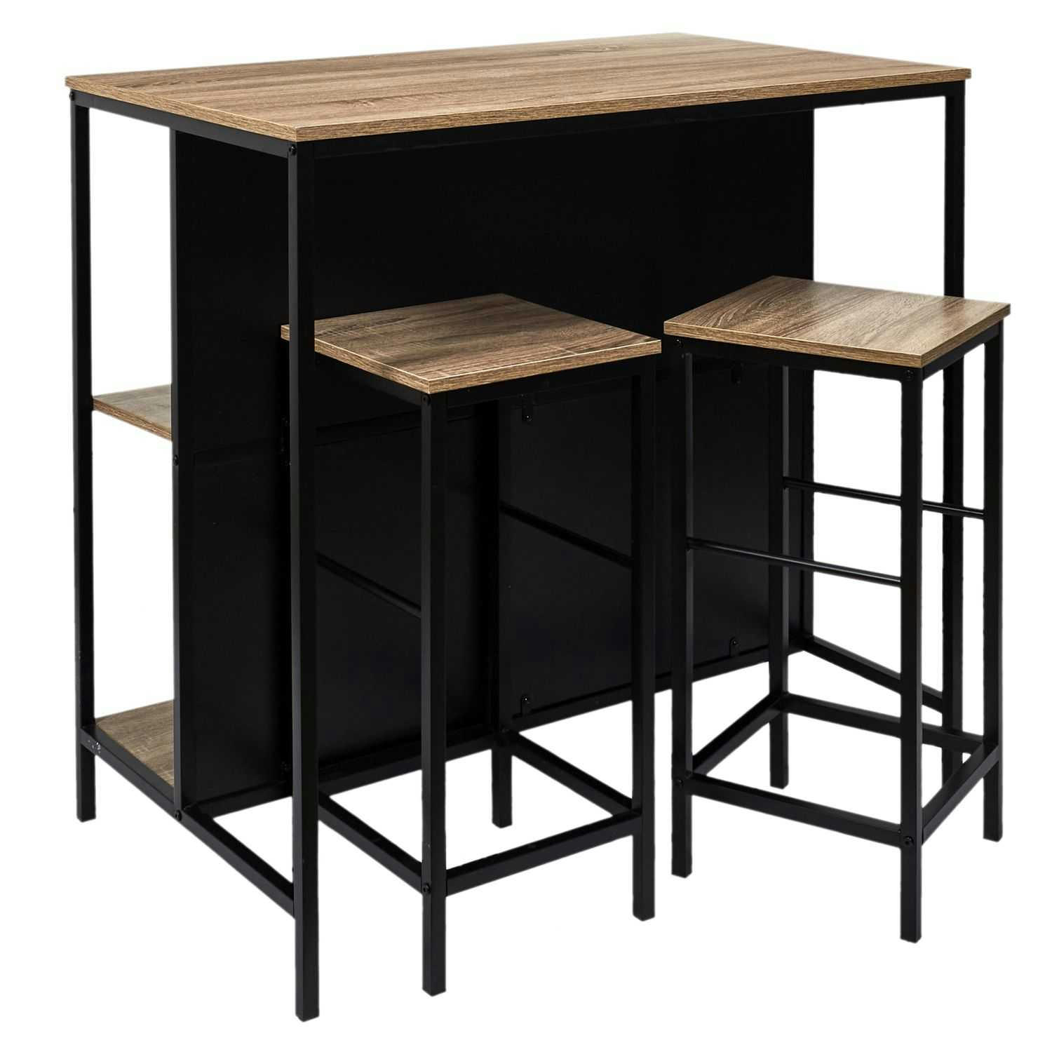 - Ensemble table de bar avec rangement et 2 tabourets en métal et mdf