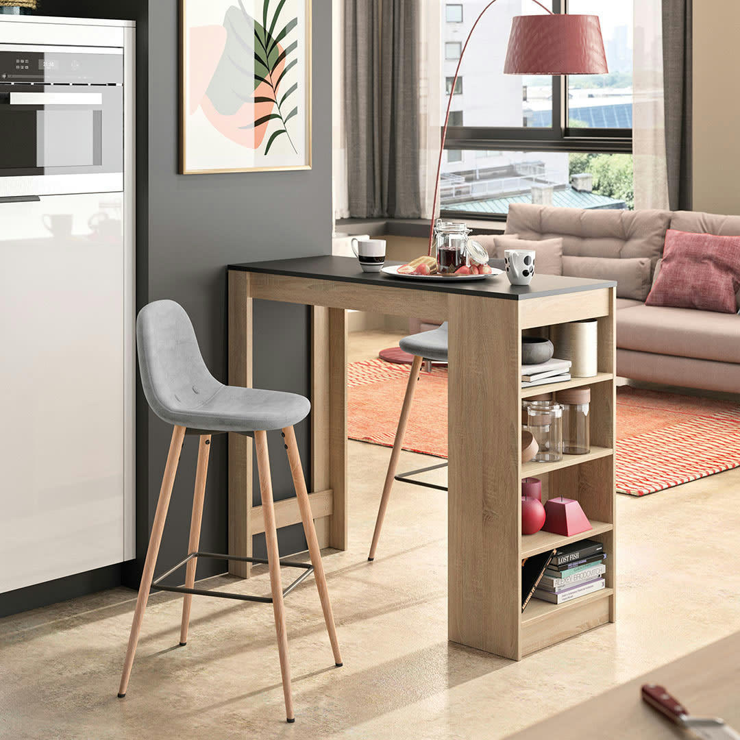 COCOON - Table bar effet bois chêne naturel et noir - gris clair