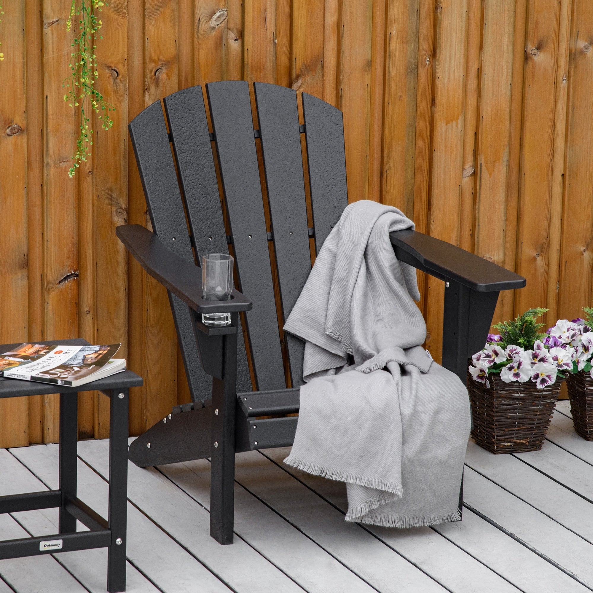 Outsunny Outdoor HDPE Adirondack Deck Chair, Plastic Lounger with Cup Holder, High Back and Wide Seat,