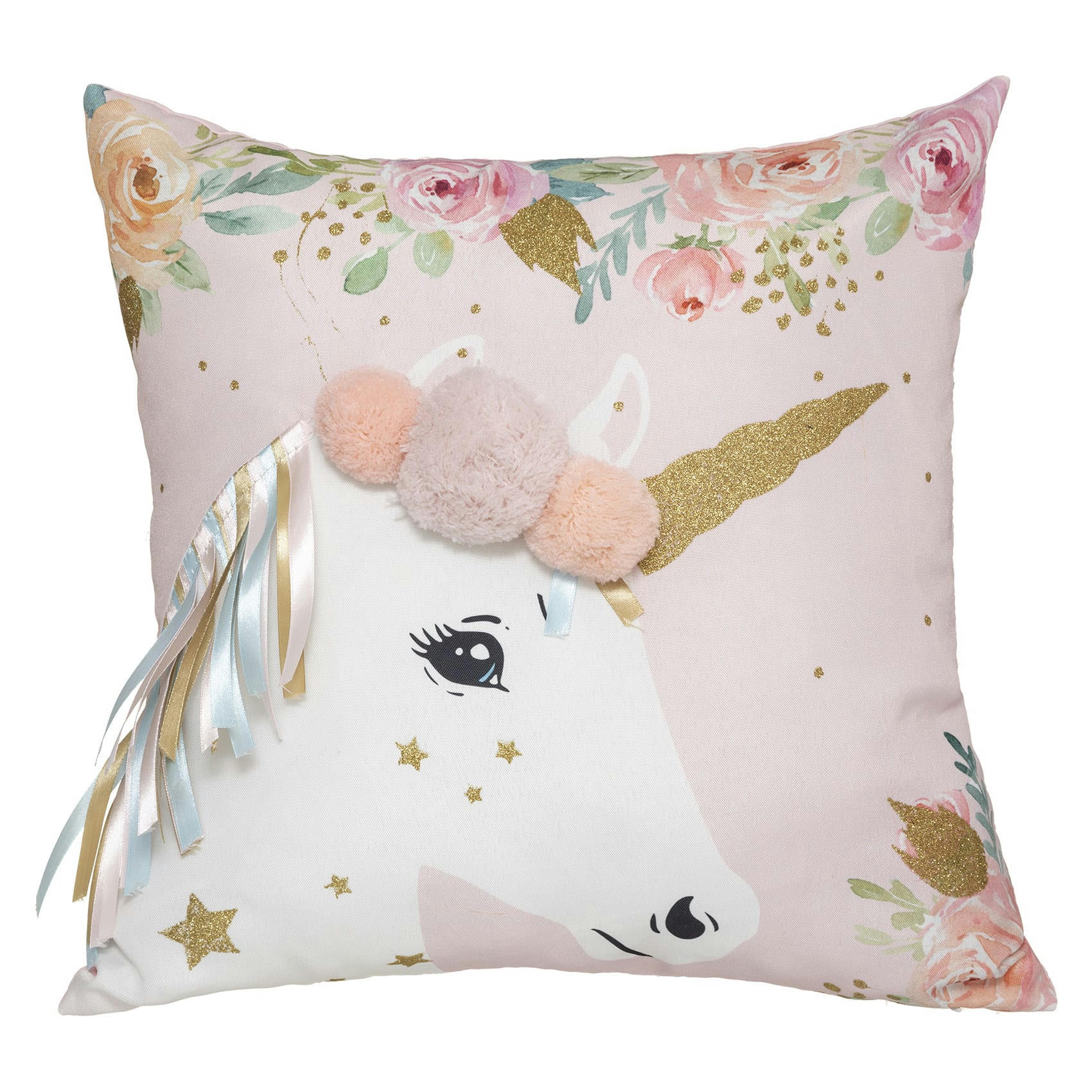 - Coussin enfant licorne et pompons rose 40x40cm