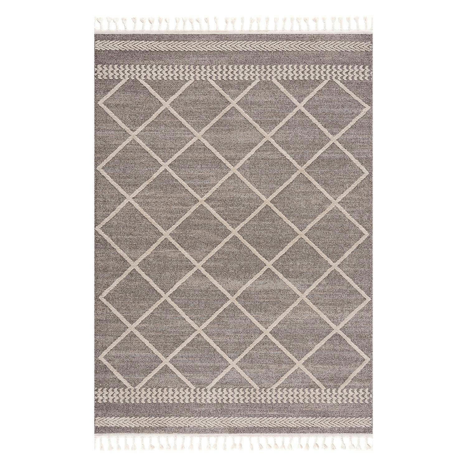 FLÄT - Tapis géométrique à franges tressées mocca et crème 140x200cm