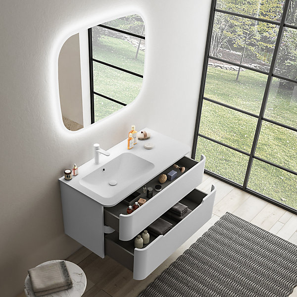 Ensemble salle de bains L. 104 cm meuble sous vasque blanc mat   plan vasque à gauche blanc brillant Alba