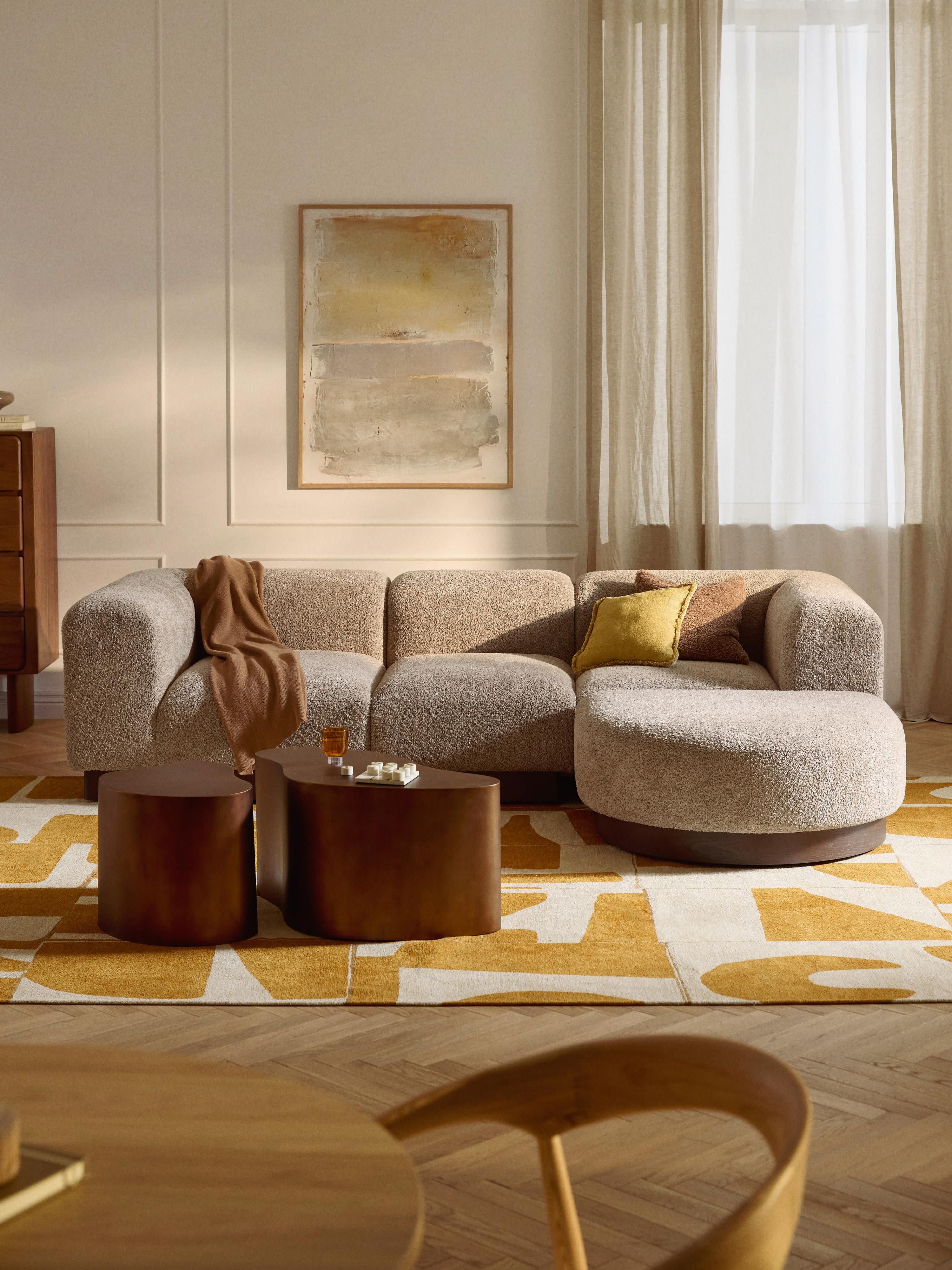 Modulares Sofa Natalie (3-Sitzer) aus Teddy-Bouclé mit Hocker (links/rechts)