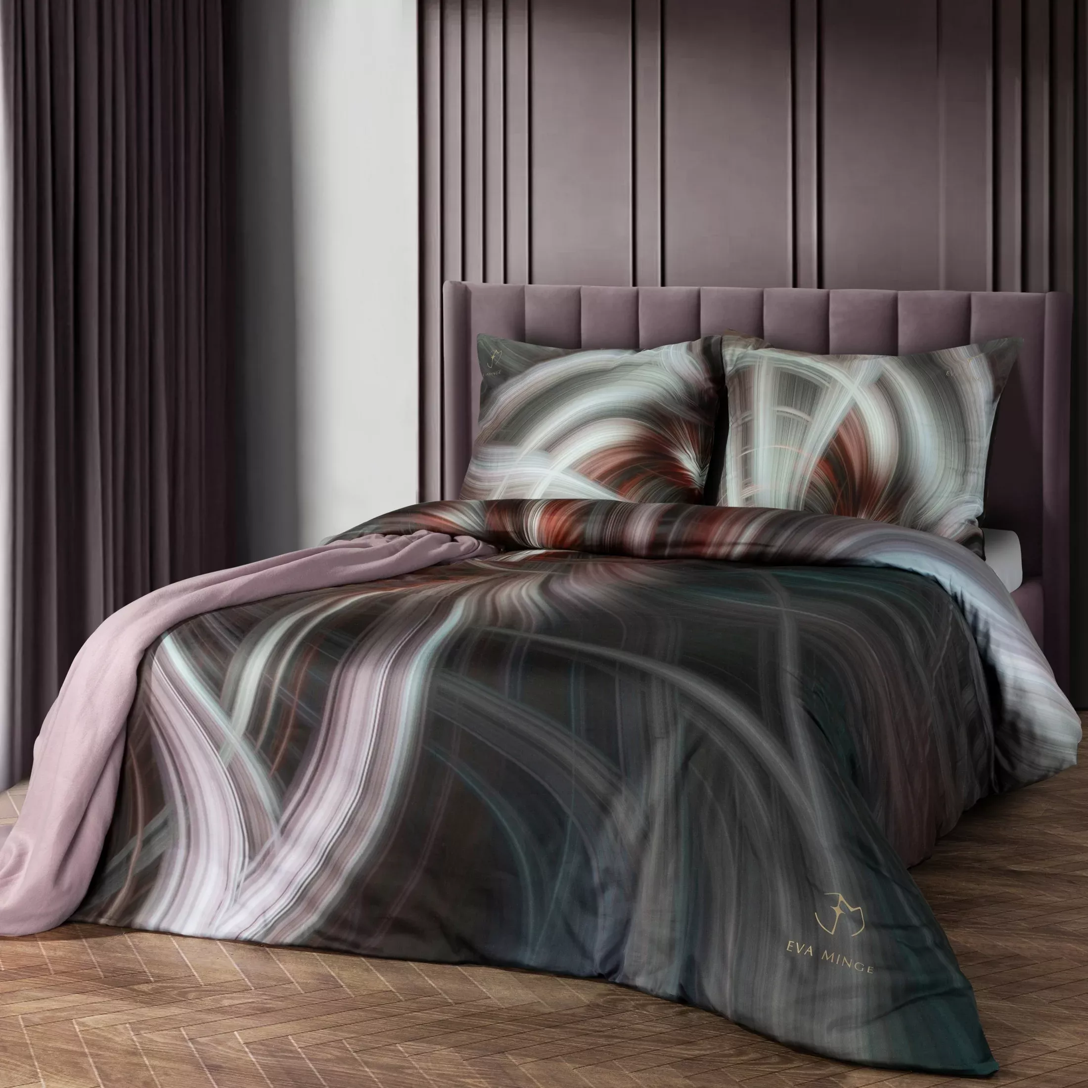 Pościel bawełniana z makosatyny 160x200 cm komplet 3 częściowy kolor stalowy, fioletowy z designerskim wzorem SIERRA Eva Minge